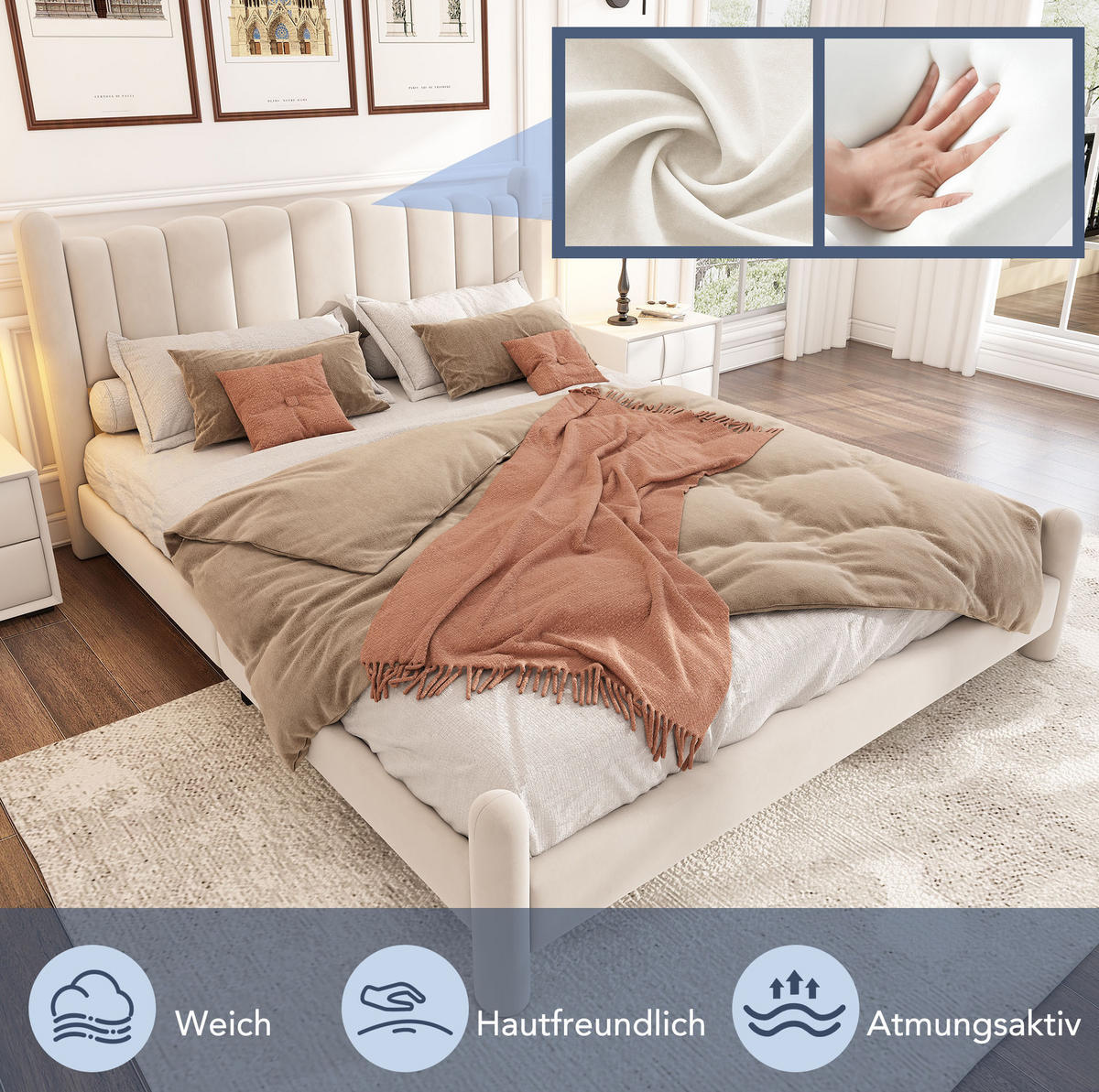 POLSTERBETT 180/200 cm mit Lattenrost, wellenförmigem Kopfteil und zylindrischen Füßen aus Samt, Beige - Beige, Textil (180/200cm) - Redom
