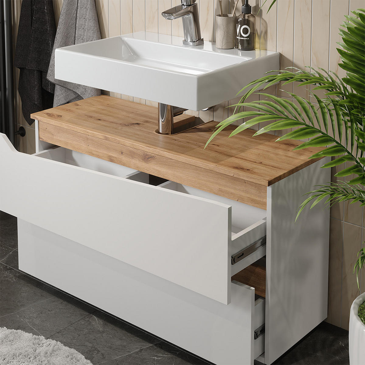 WASCHBECKENUNTERSCHRANK Marelle, Weiß/Artisan-Eiche, 100 x 57.5 cm mit 2 Schubladen - Weiß/Eiche Artisan, Holzwerkstoff (100/57.5/35cm) - Vicco