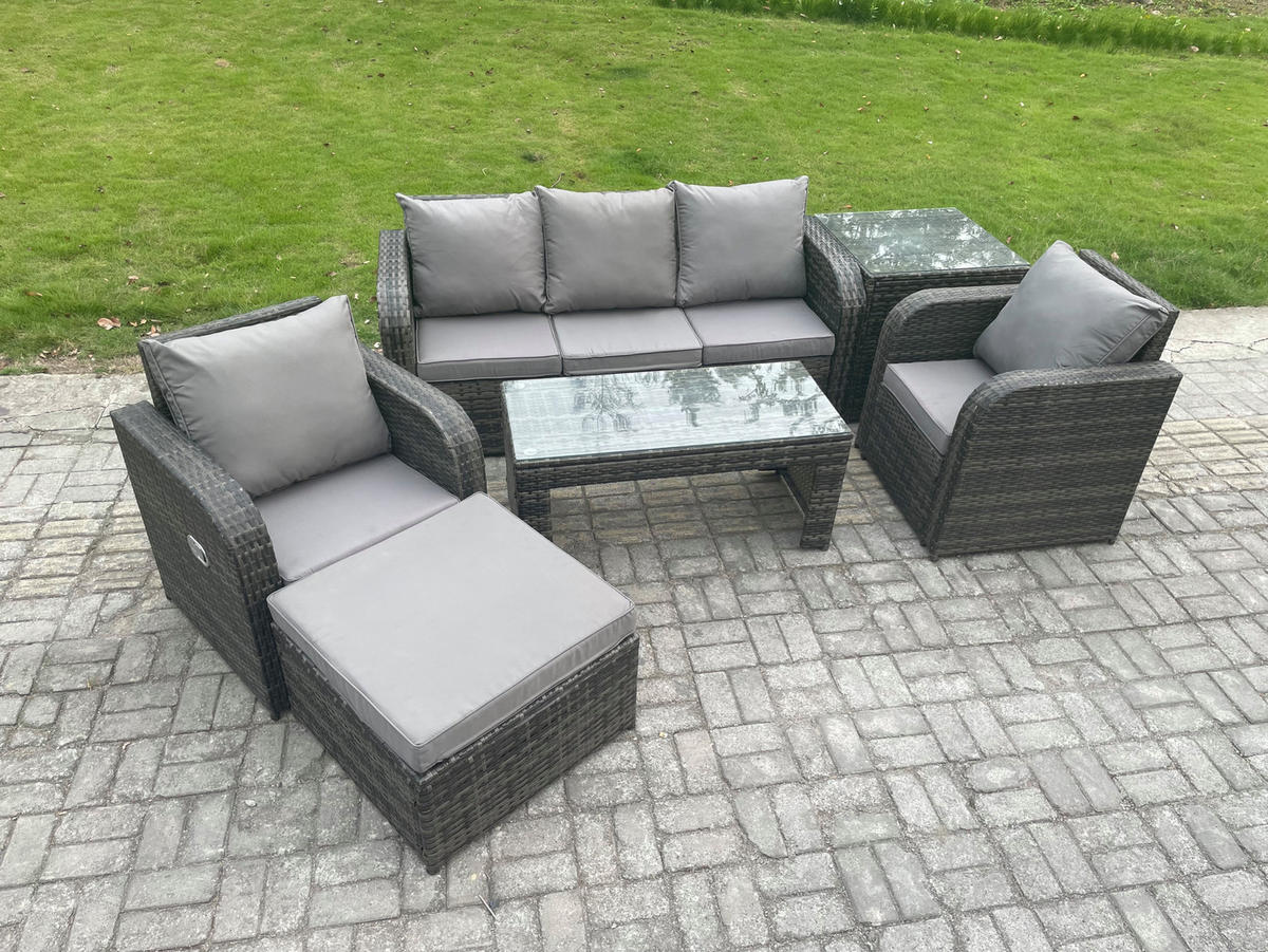 GARTENSOFA SET mit LIEGESTUHL Polyrattan 6-Sitzer Dunkelgrau - Dunkelgrau/Grau, Glas/Kunststoff - Fimous