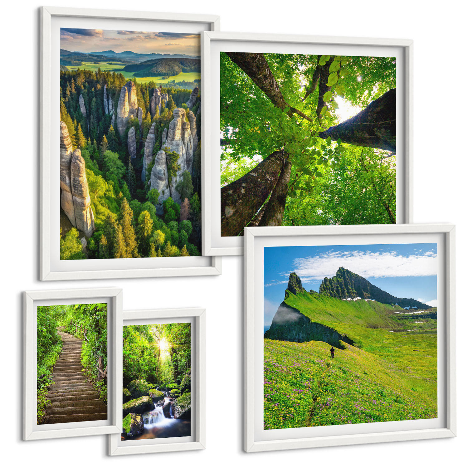 BILDER SET 5er Set - 50x50 cm & 20x30 cm & 40x60 cm Weißer Rahmen - Grüne Berge Wasserfallwald - Weiß, Kunststoff (40/60cm) - TULUP