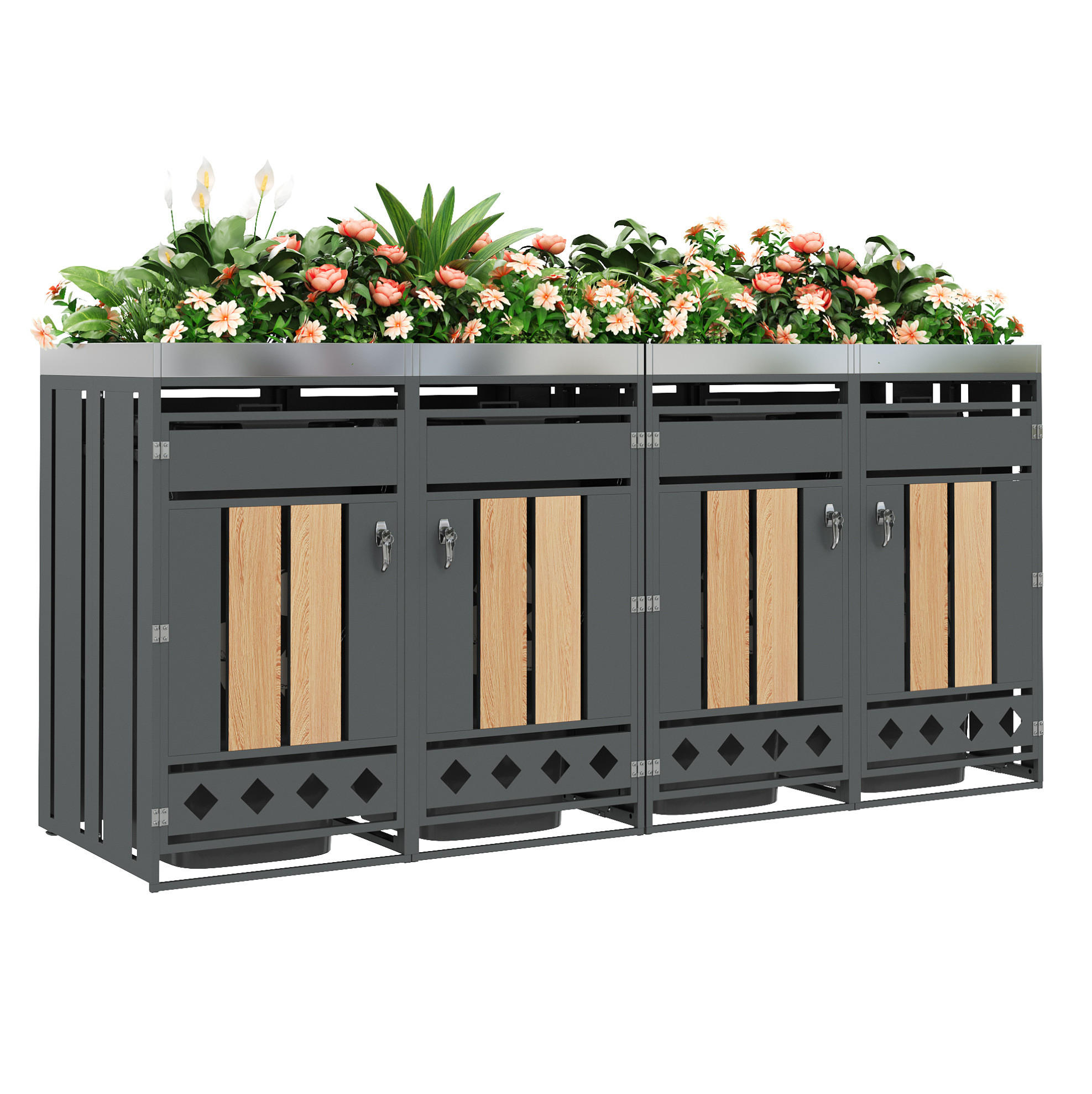 MÜLLTONNENBOX aus Stahl in Grau/Holzoptik mit Pflanzkasten & 4 Türen 264x80x124,5 cm - Grau, Metall (264/124.5/80cm) - Modfu