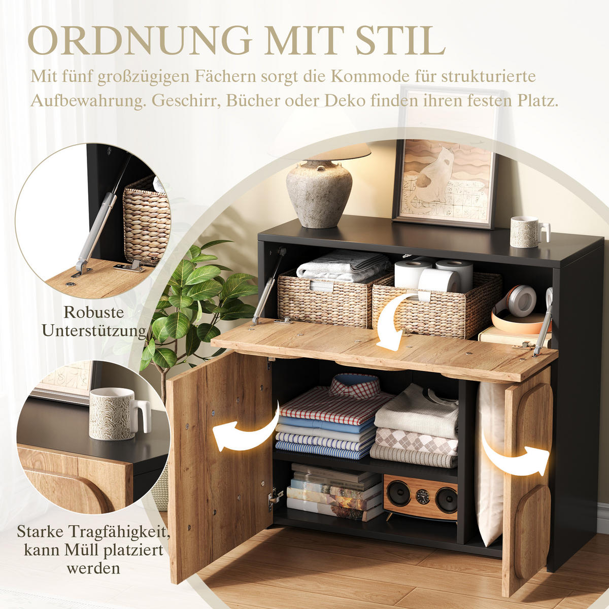 SIDEBOARD DE-38138 79,6/34,8/81,5 cm mit 4 Fächern Holzstruktur/Schwarz - Naturfarben, Holzwerkstoff (79.6/81.5/34.8cm) - ComfortXL