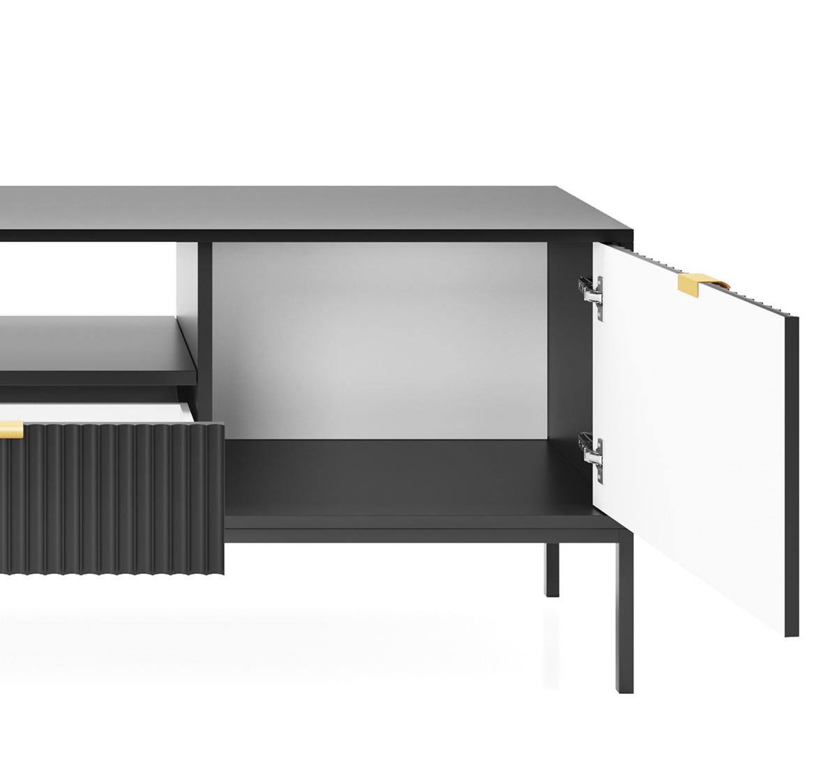 TV-SCHRANK NOVA Geriffelt Regal, 2 Türen, Schublade, Schwarze Beine, 154x39x56cm, Schwarz - Schwarz, Holzwerkstoff/Kunststoff (154/56/39cm) - DomoHome