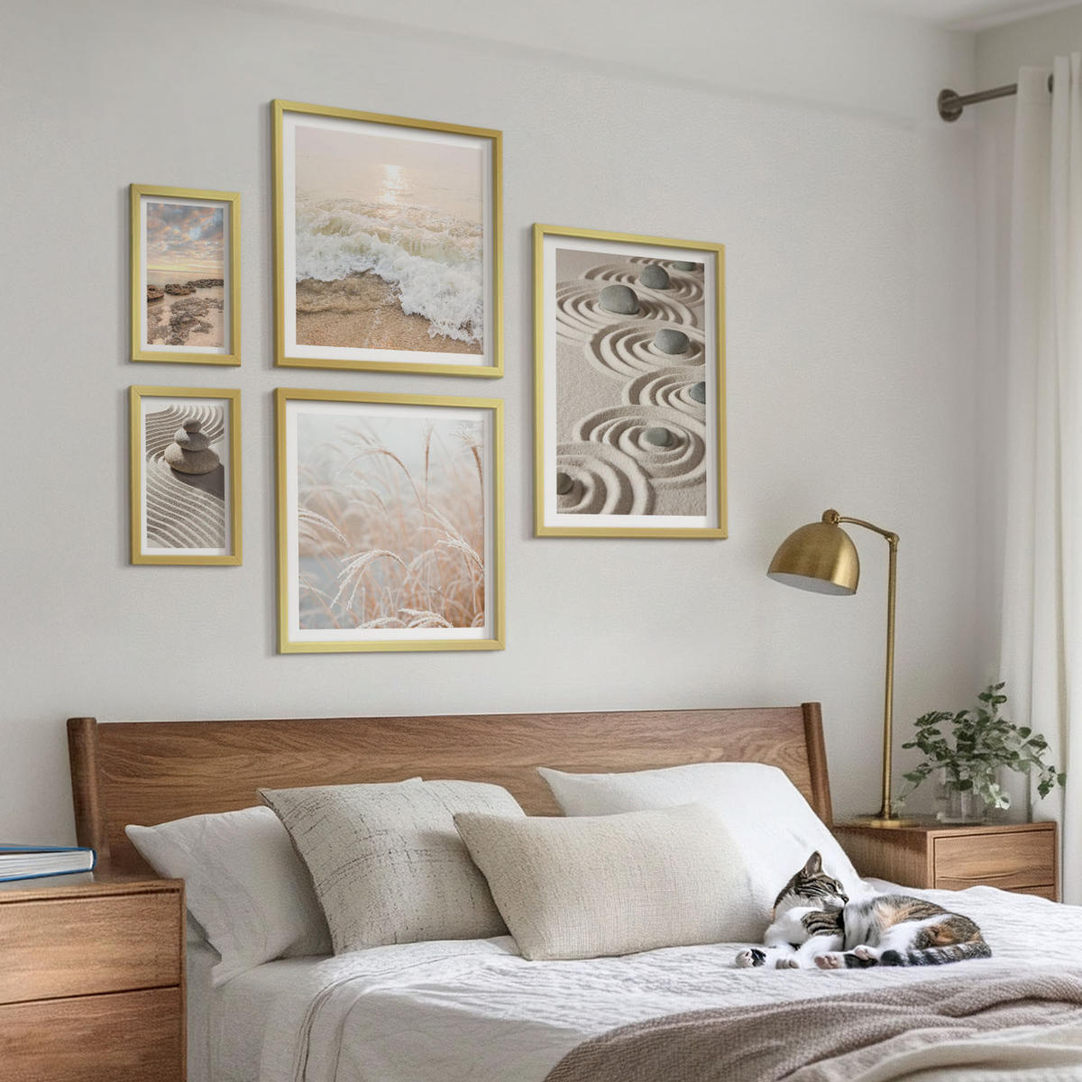 BILDER SET 5er Set - 50x50 cm & 20x30 cm & 40x60 cm Goldrahmen - Blumen im Wasser des Buddha-Wasserfalls - Goldfarben, Kunststoff (40/60cm) - TULUP