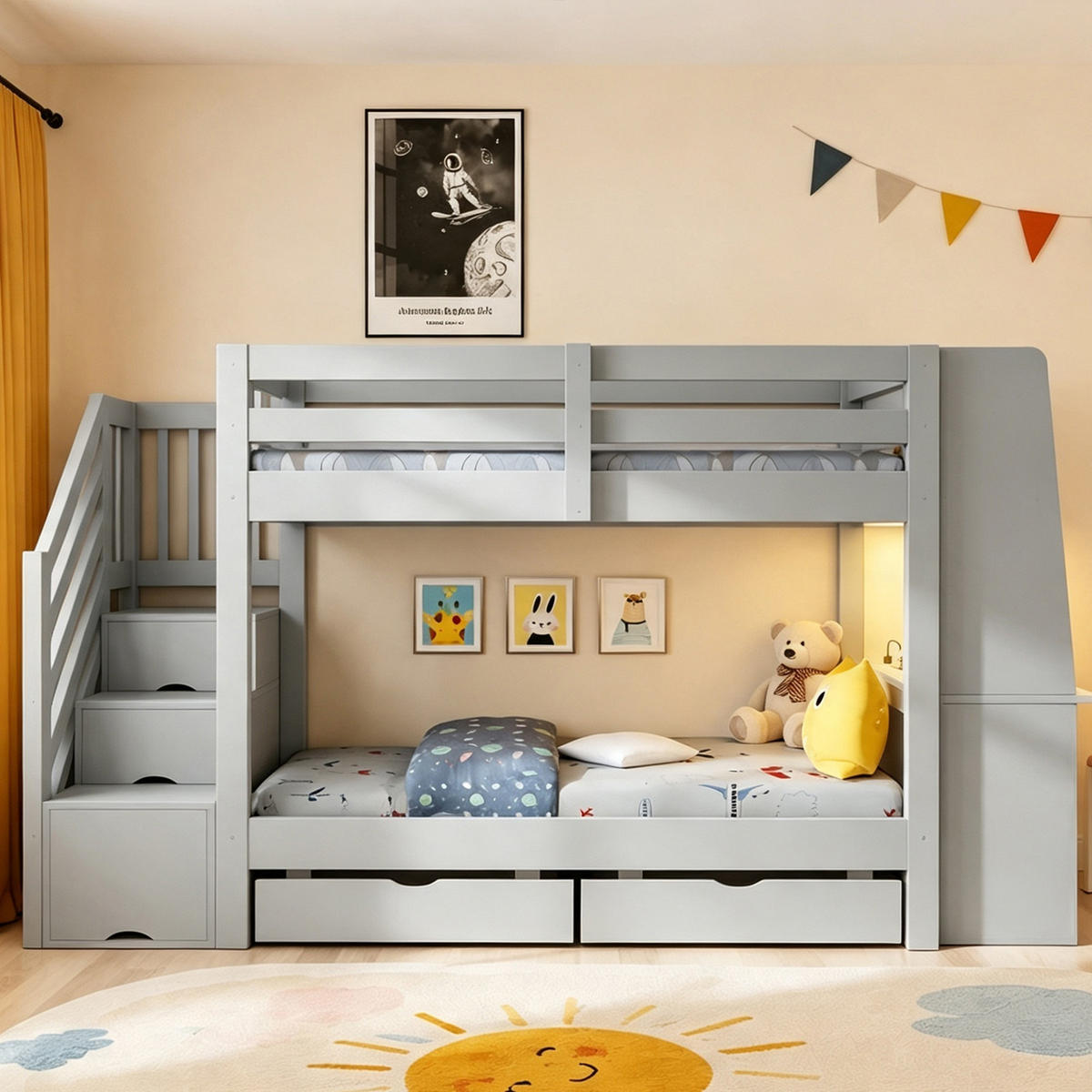 ETAGENBETT 90 x 200 cm mit Schreibtisch, LED und Schubladen, Grau - Grau, Holz (90/200cm) - FLIEKS
