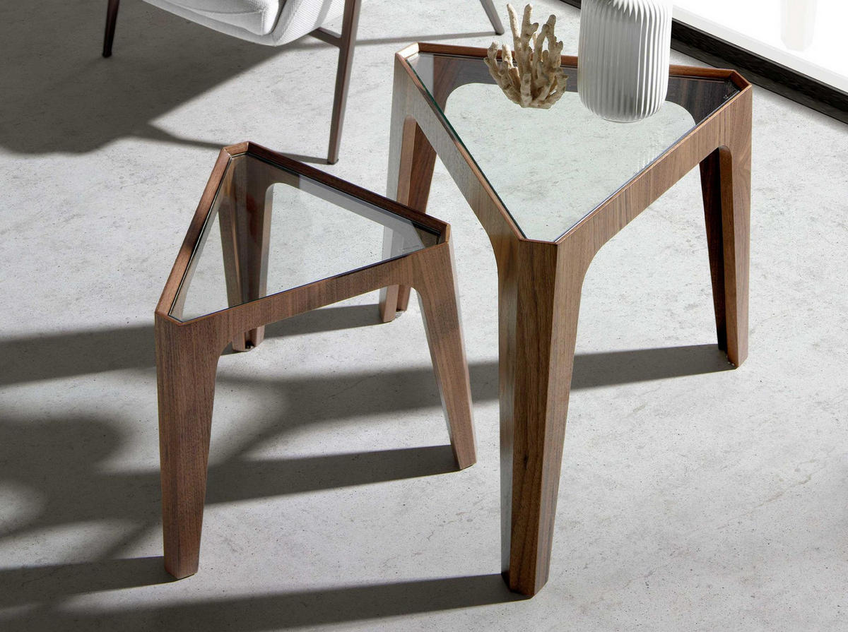 ECKTISCH Dreieckiger aus gehärtetem Glas und Nussbaum 58/50/55 cm - Klar/Transparent, Glas/Holz (50/58/55cm) - ANGEL CERDA