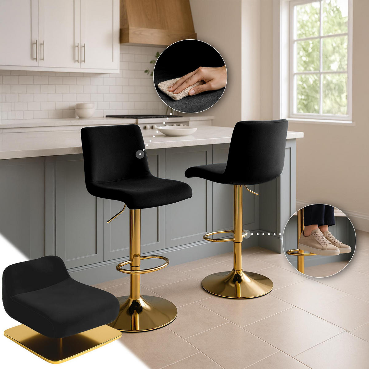 BARHOCKER Samt Schwarz - Schwarz, Textil (39/83/36cm) - CLP