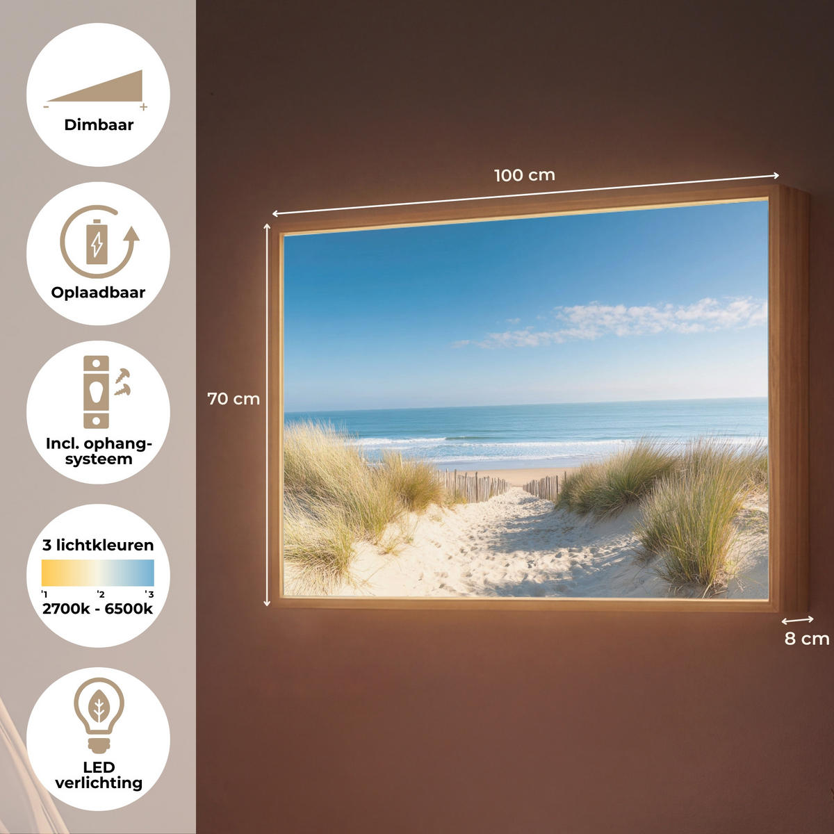 NÁSTĚNNÁ LAMPA S AKUMULÁTOREM Pláž - moře - duny - písek - léto 100x70 cm - písková barva, kompozitní dřevo (100/70/8cm) - OnlyWow