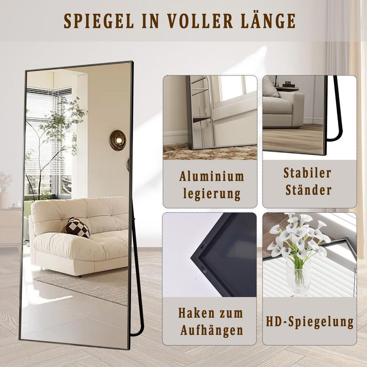 STANDSPIEGEL 140x40 cm – Freistehend & Wandmontage, Aluminiumlegierung Schwarzer - Schwarz, Glas/Metall (40/140/140cm)