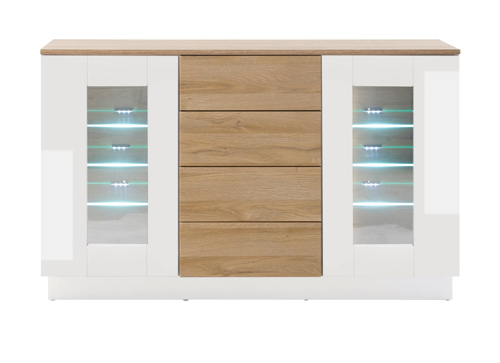 SIDEBOARD weiß Hochglanz, Grandson Eiche, Kommode 136 x 85 cm - Weiß Hochglanz/Eichefarben, Holzwerkstoff (136/85/43cm) - Furn.Design