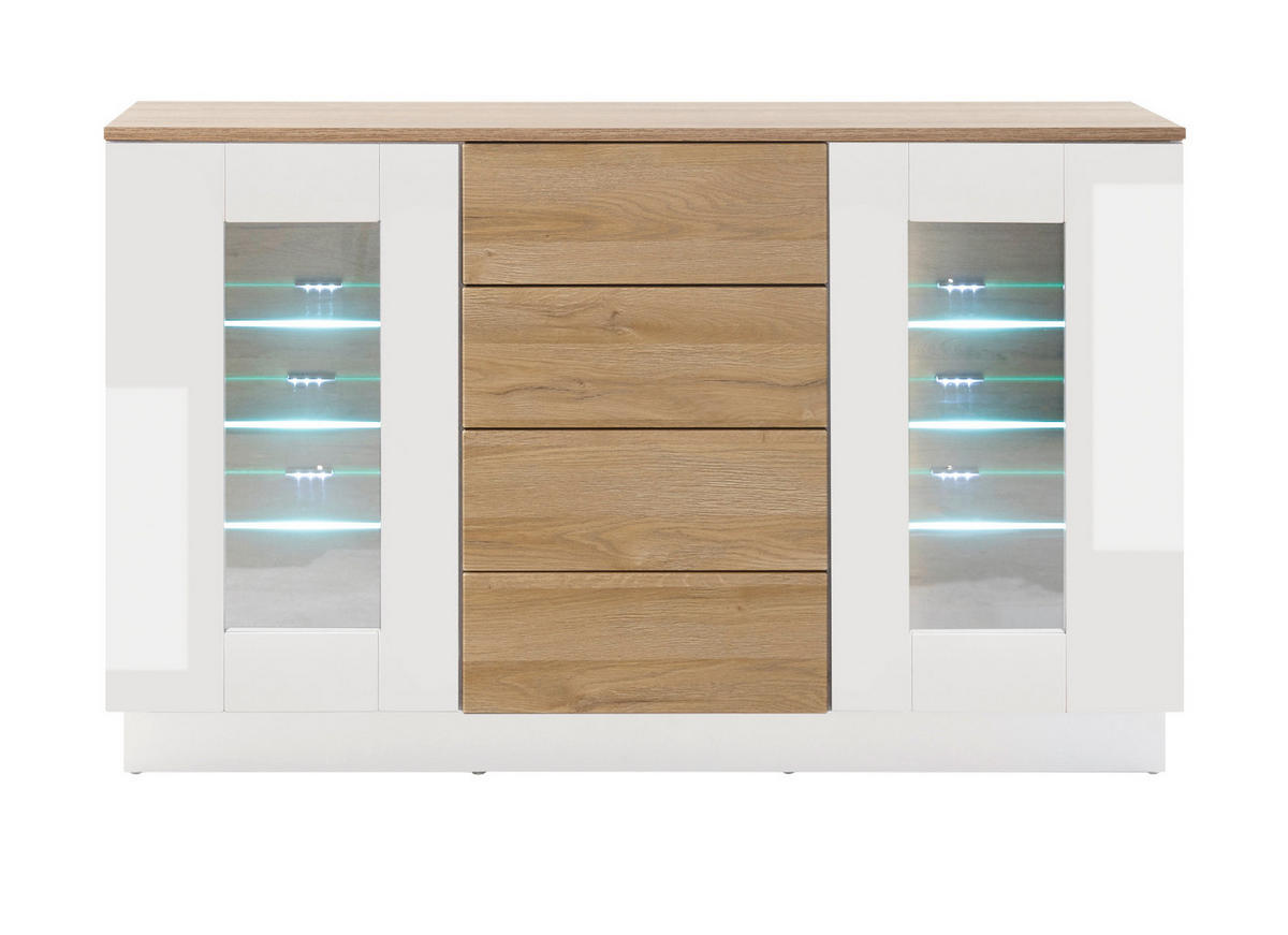 SIDEBOARD weiß Hochglanz, Grandson Eiche, Kommode 136 x 85 cm - Weiß Hochglanz/Eichefarben, Holzwerkstoff (136/85/43cm) - Furn.Design