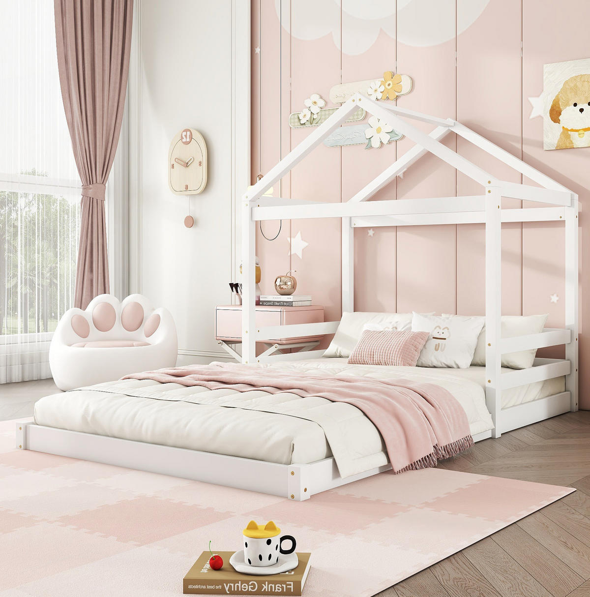 HAUSBETT aus Kiefernholz und MDF 140x200 cm Weiß mit Lattenrost - Weiß, Holzwerkstoff (140/200cm) - IVMEU