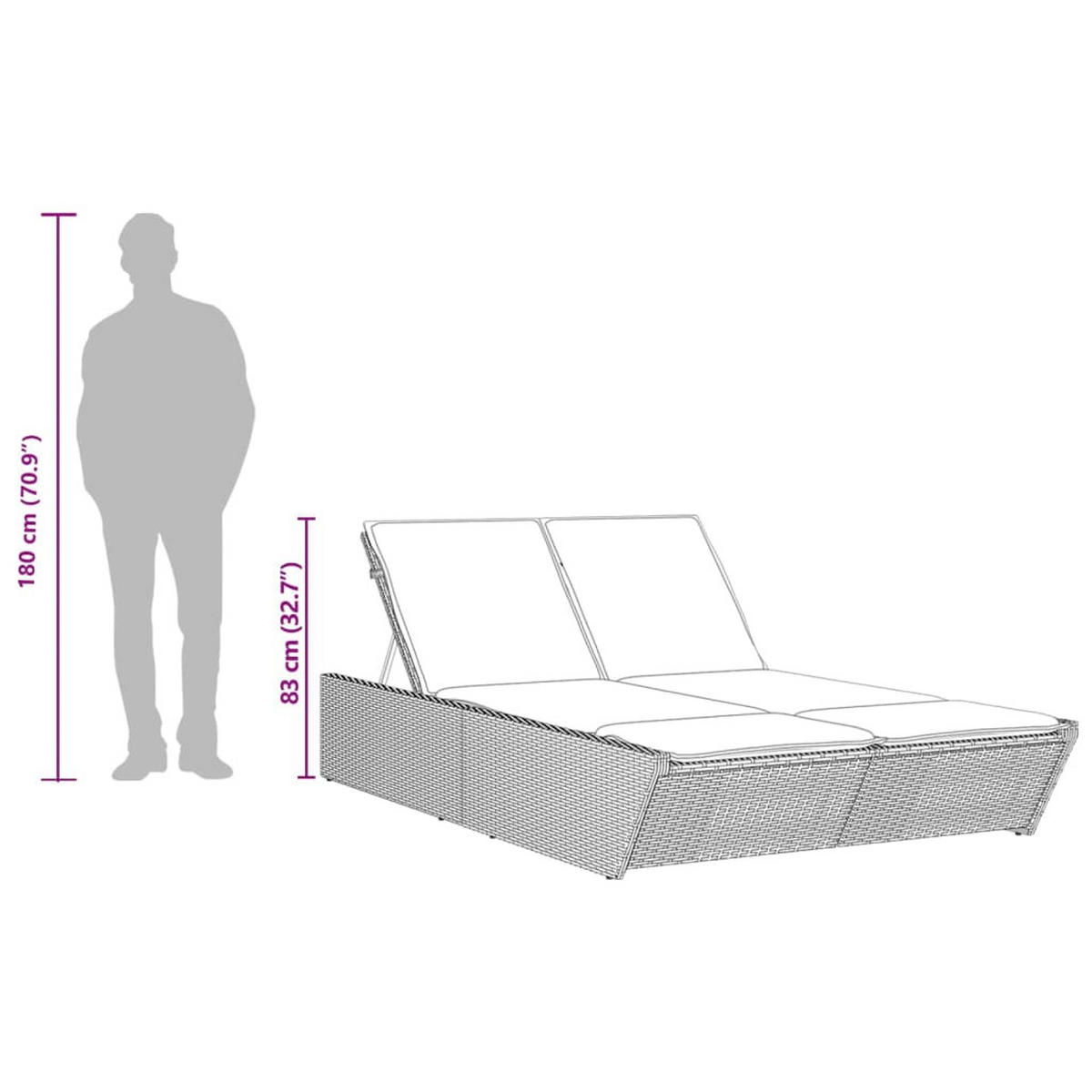 DOPPEL-SONNENLIEGE Mit Kissen Hellgrau Poly Rattan - Dunkelgrau, Kunststoff (200/83/118cm) - vidaXL