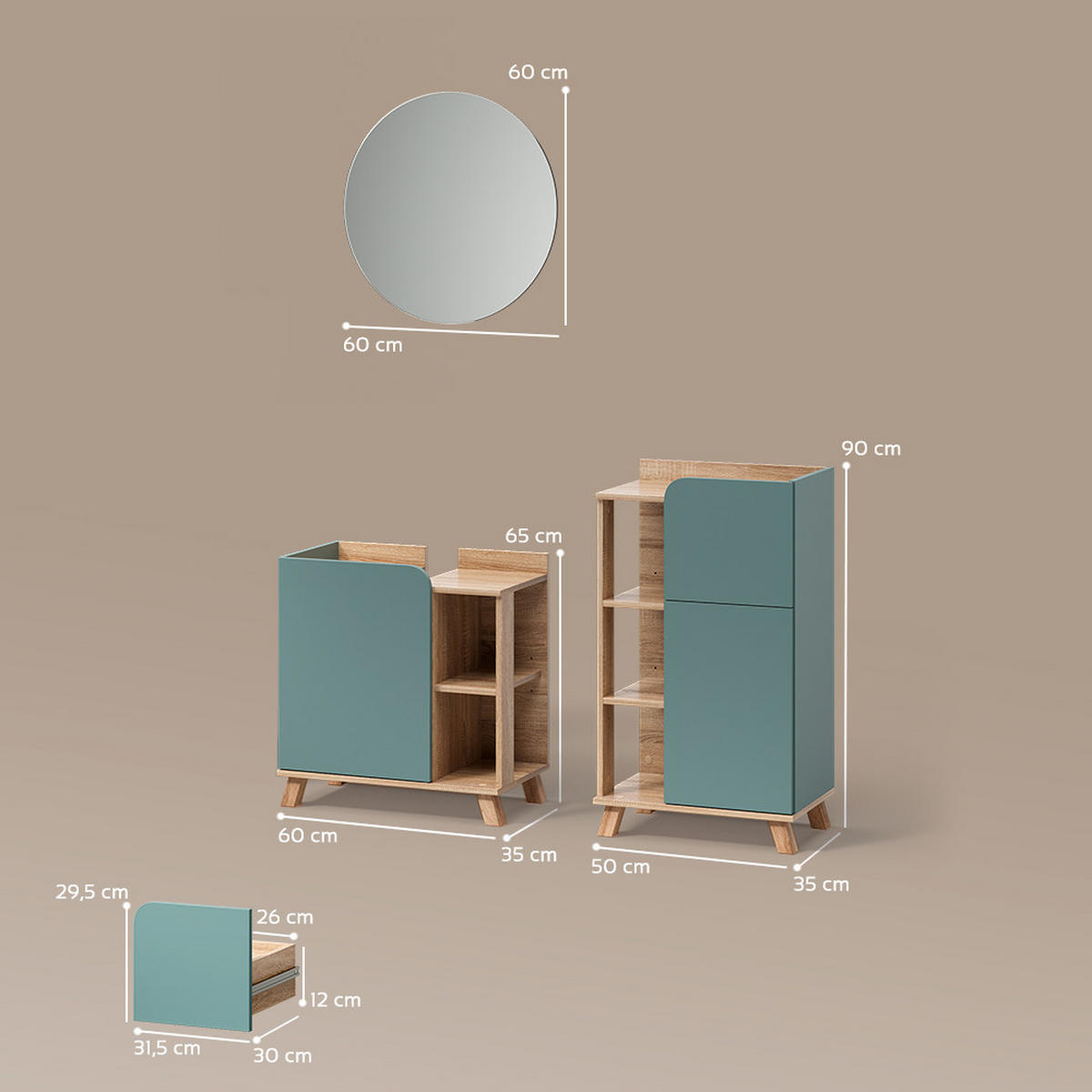 BADMÖBEL-SET Marano Blau-Grau 3 Teile, mit Midischrank - Blaugrau/Sonoma Eiche, Holzwerkstoff (35/65/60cm) - Livinity®
