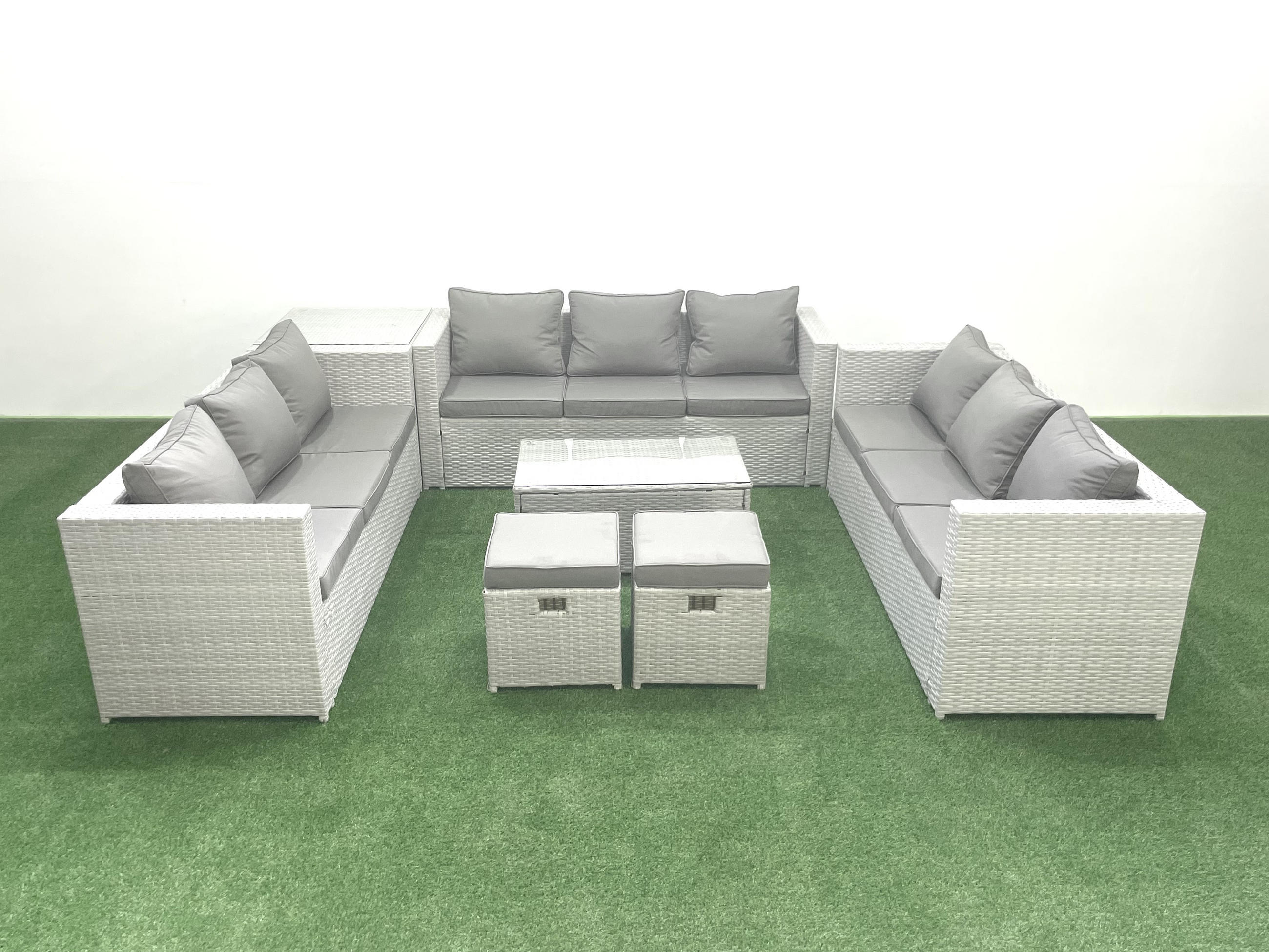 GARTENSET mit 3-SITZER SOFA,COUCHTISCH Polyrattan Hellgrau-Mix 11-Sitzer - Hellgrau/Grau, Glas/Kunststoff - Fimous