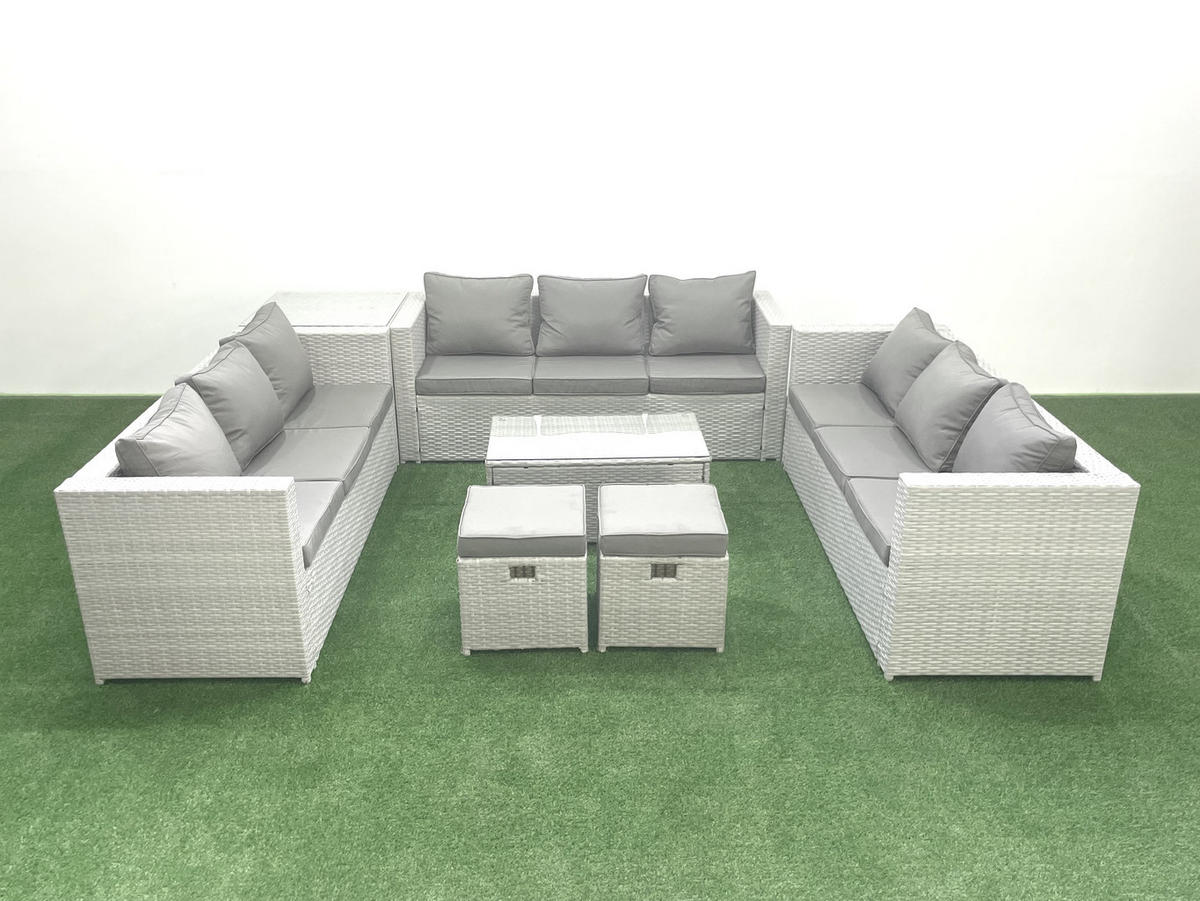 GARTENSET mit 3-SITZER SOFA,COUCHTISCH Polyrattan Hellgrau-Mix 11-Sitzer - Hellgrau/Grau, Glas/Kunststoff - Fimous