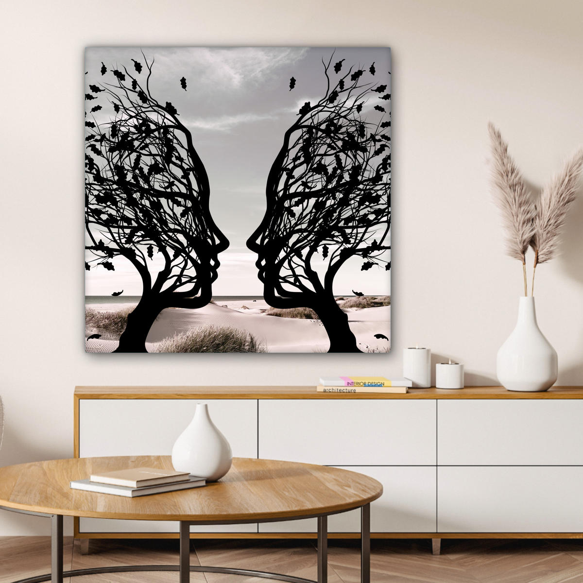 LEINWANDBILD Strand - Meer - Menschen - Baum - Moderne Kunst 90x90 cm - Hellgrau, Textil (90/90cm) - MuchoWow