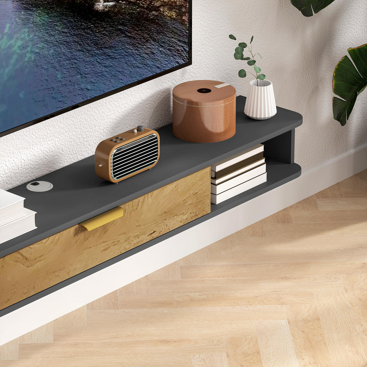 TV-LOWBOARD Grau 160/24/16 cm, Hängend, Klapptür, Offene Fächer - Grau, Holzwerkstoff (160/16/24cm) - PANGIVO