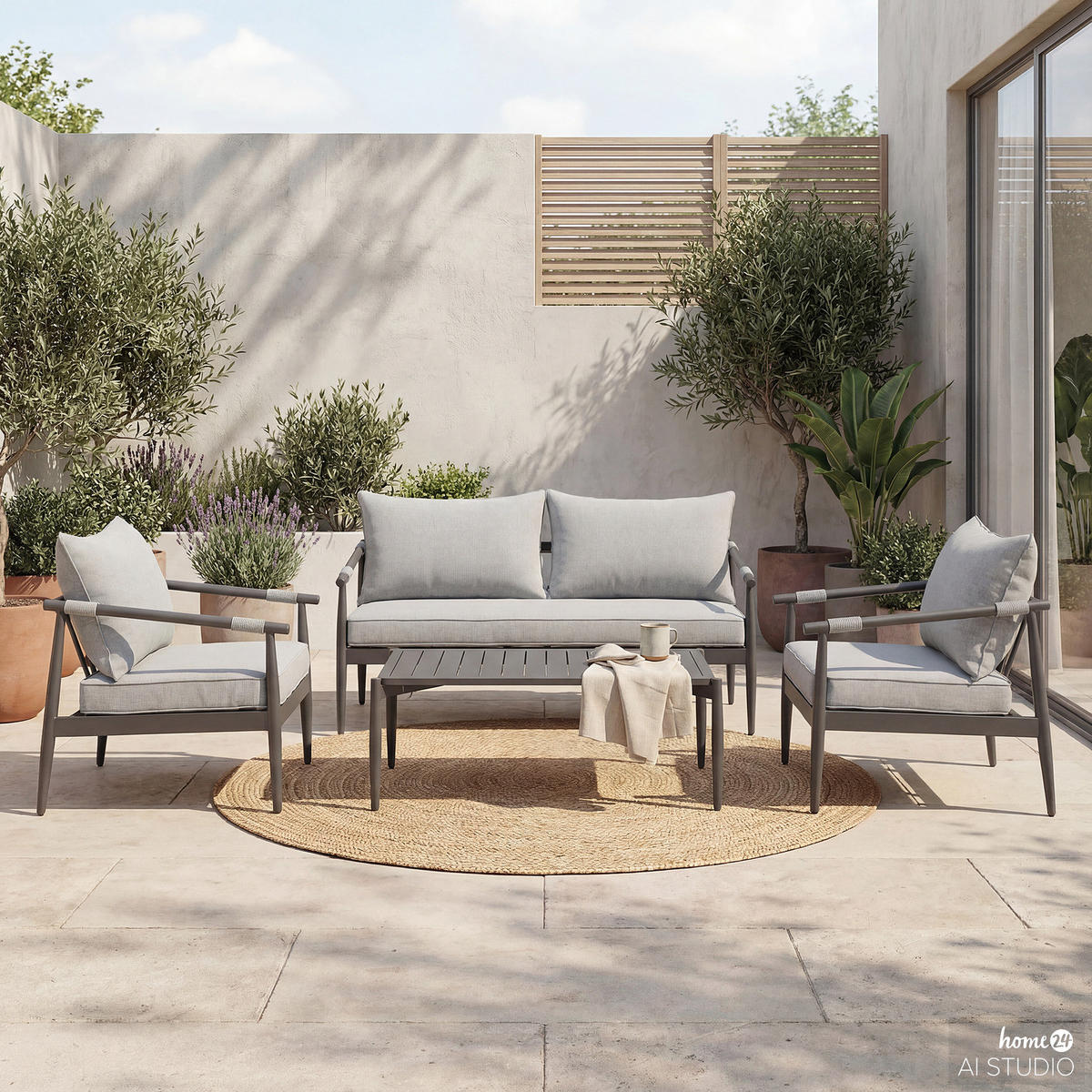 LOUNGESET - 4-teilig - Aluminium / Polyester - Grau / Anthrazit - Anthrazit, Textil/Metall (1/1/1cm) - home24