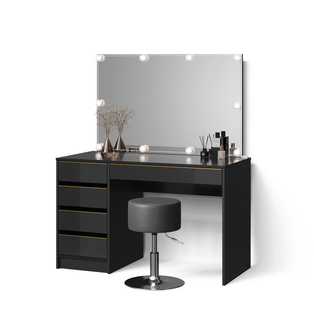 SCHMINKTISCH Imola Schwarz/Gold mit LED Beleuchtung und Hocker - Goldfarben/Schwarz, Holzwerkstoff (120/75/55cm) - Livinity®