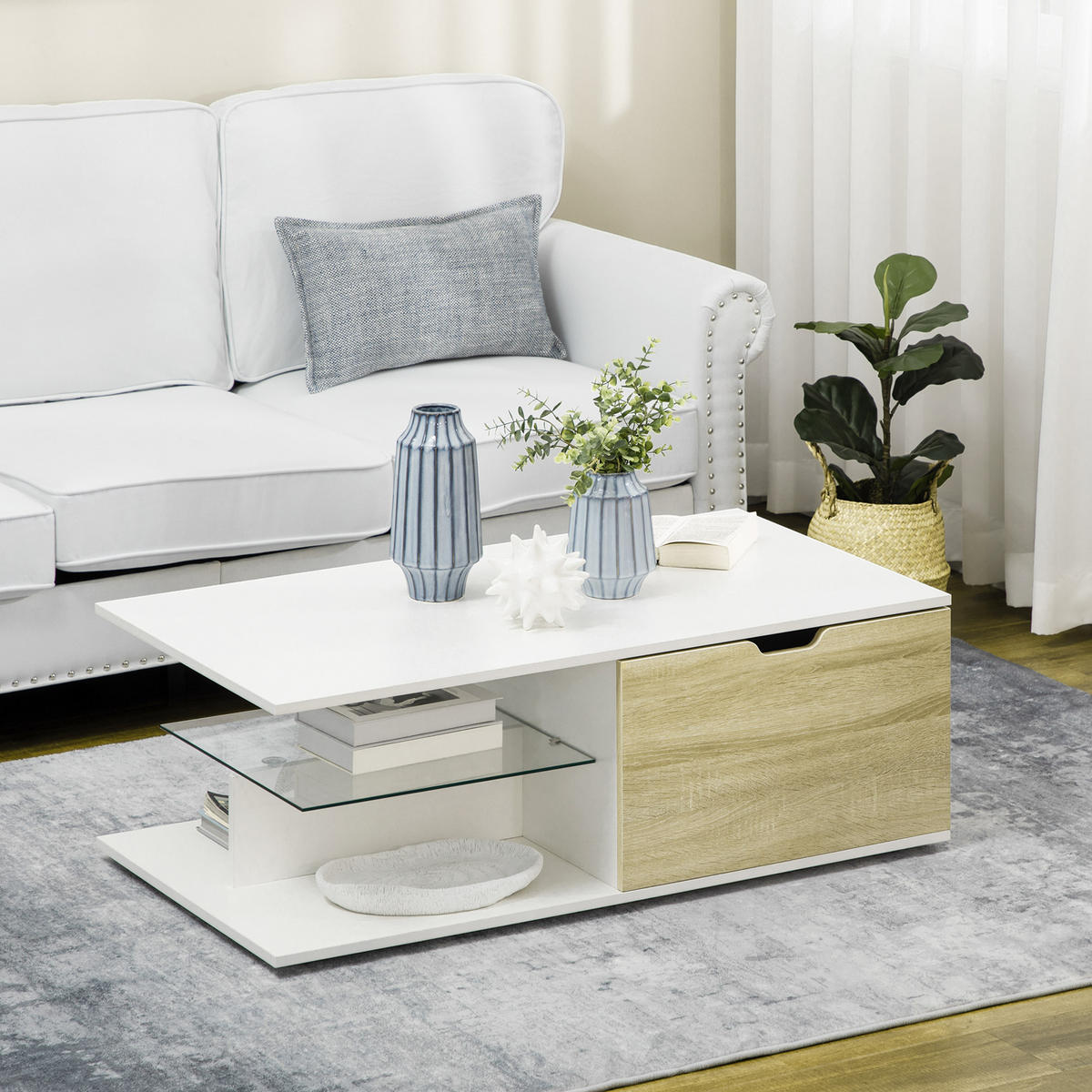 COUCHTISCH DE-15742 mit 2 Schubladen & Glasablage Weiß - Weiß, Holzwerkstoff (106/58/39cm) - ComfortXL
