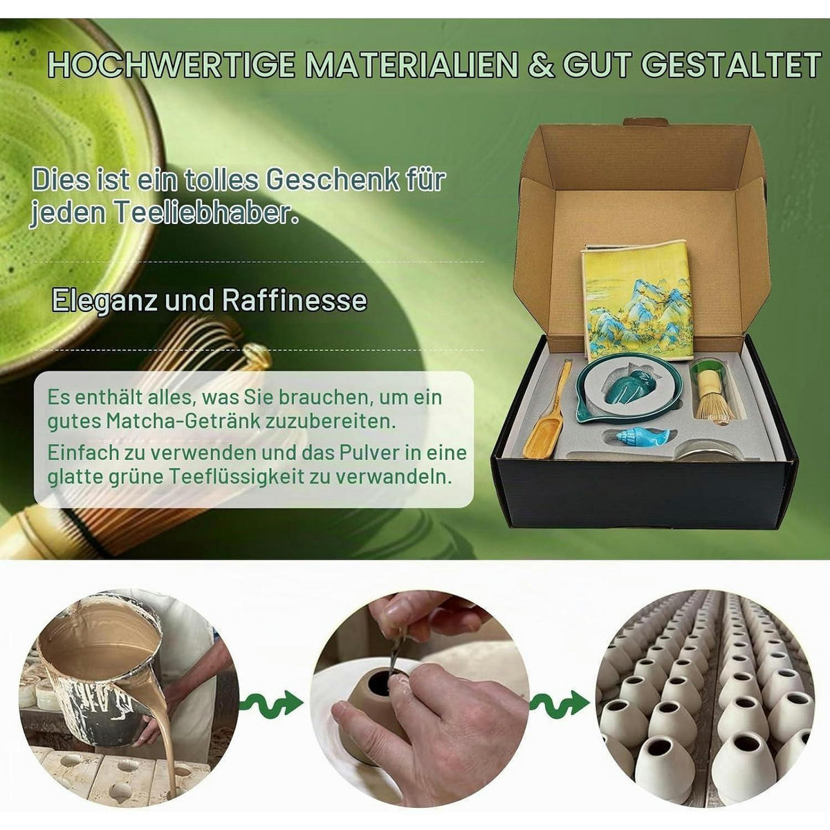 MATCHA Tee Set 9-teiliges Set mit Schale und Besen - Türkis, Keramik (14/7/14cm)