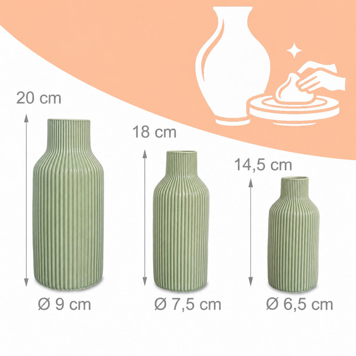 VASER Salviagröna 3-pack keramik - Grön, Keramik (24cm) - Relaxdays