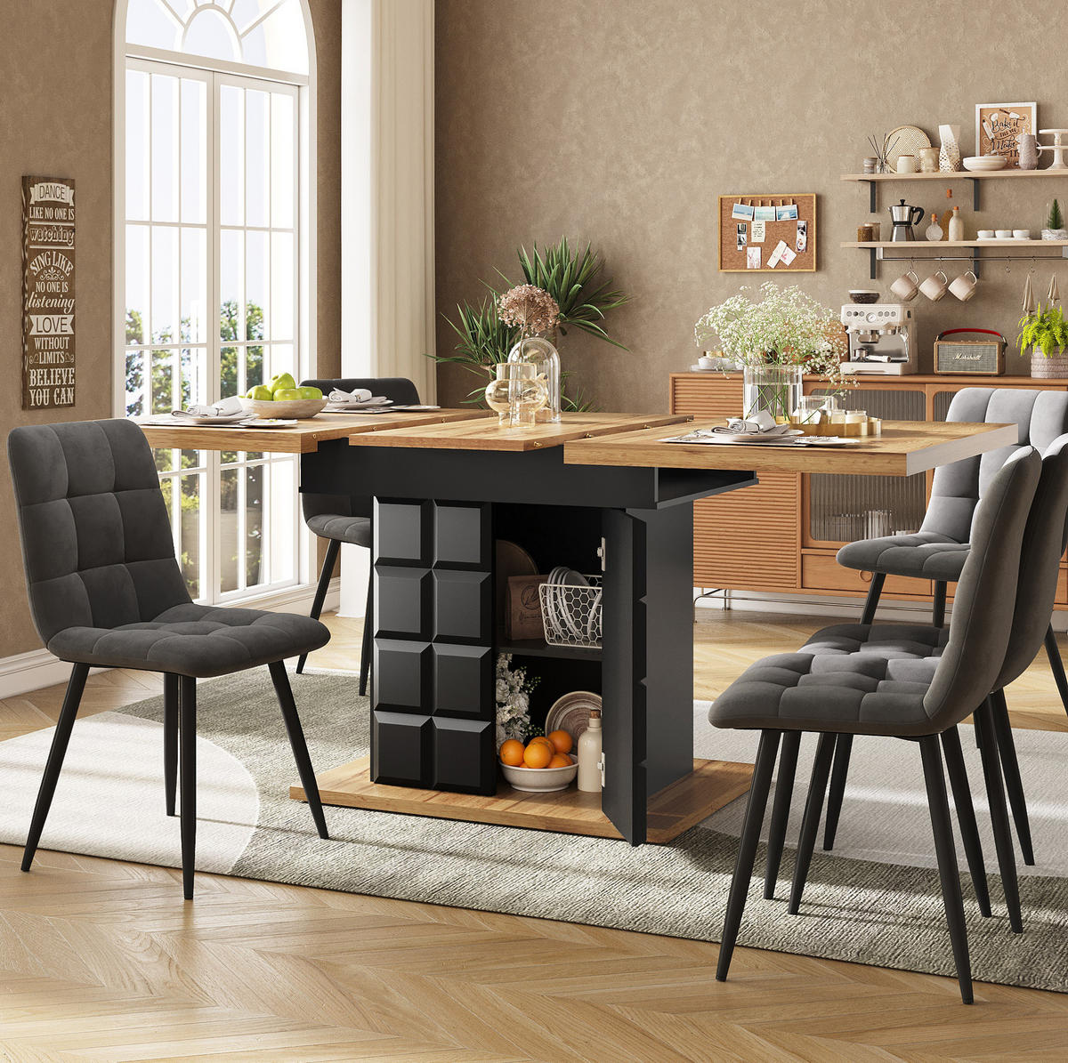 ESSTISCH 110-140/80/75 cm in Schwarz/Natur aus MDF mit Stauraum - Schwarz, Holzwerkstoff (110/80/75cm) - Flora Grace