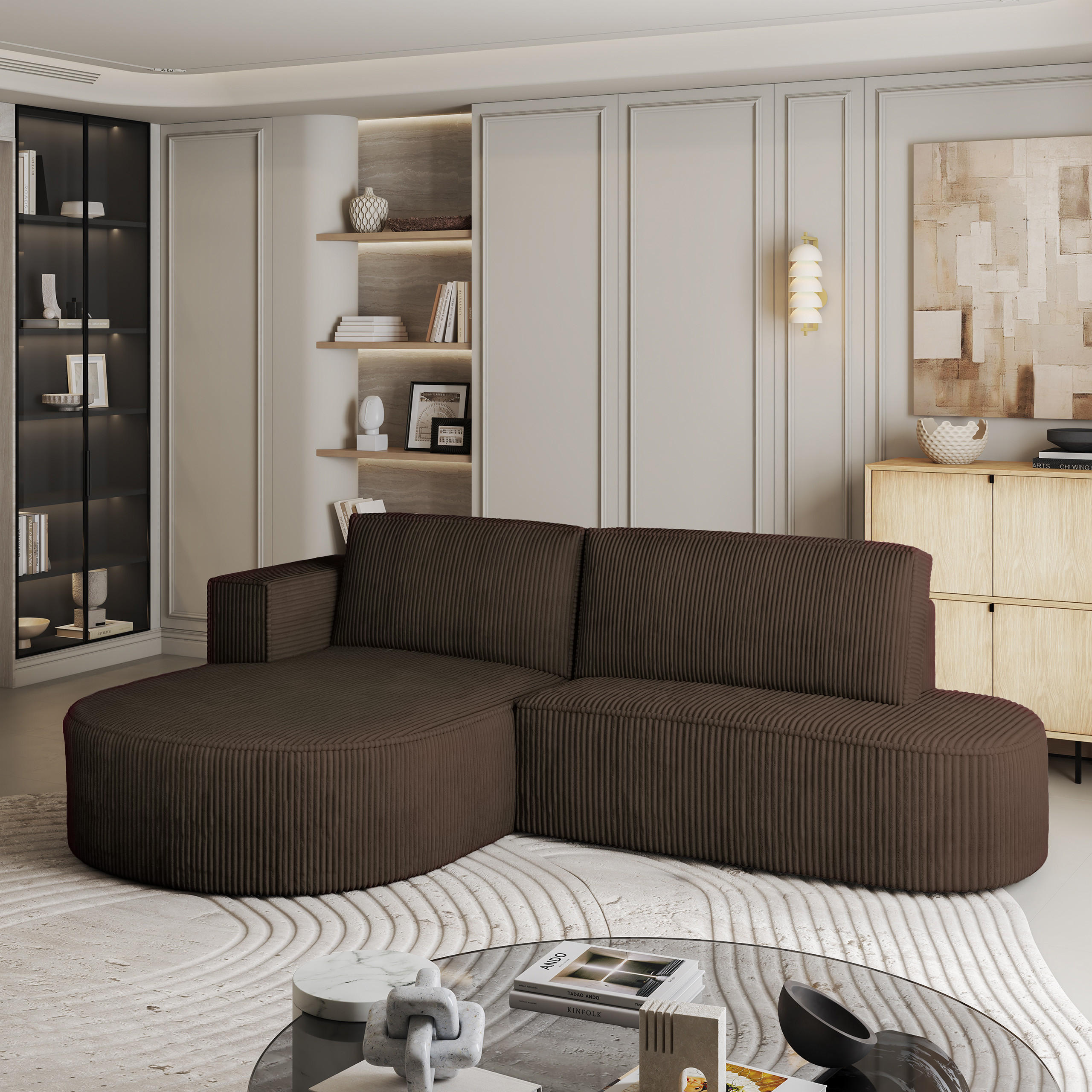 ECKSOFA CORTIO P L-S Braun Kordstoff mit Schlaffunktion - Braun, Holz (265/174cm) - MASSENO
