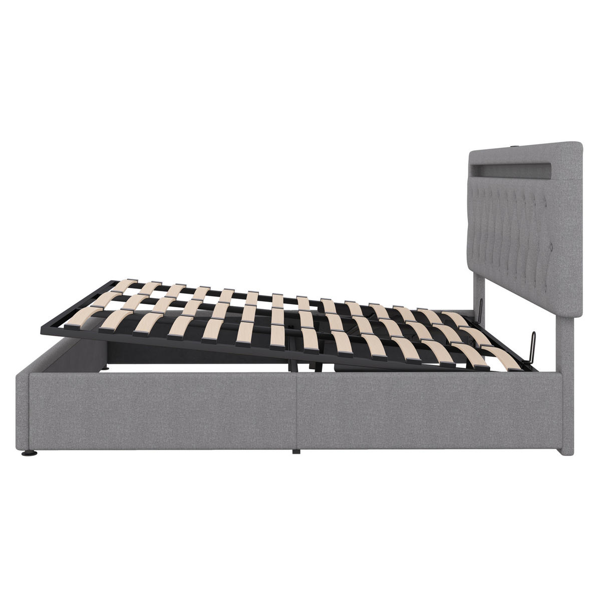ČALOUNĚNÁ postel 180/200 cm šedá z lnu s úložným prostorem LED a USB - šedá, textil (180/200cm) - OKWISH