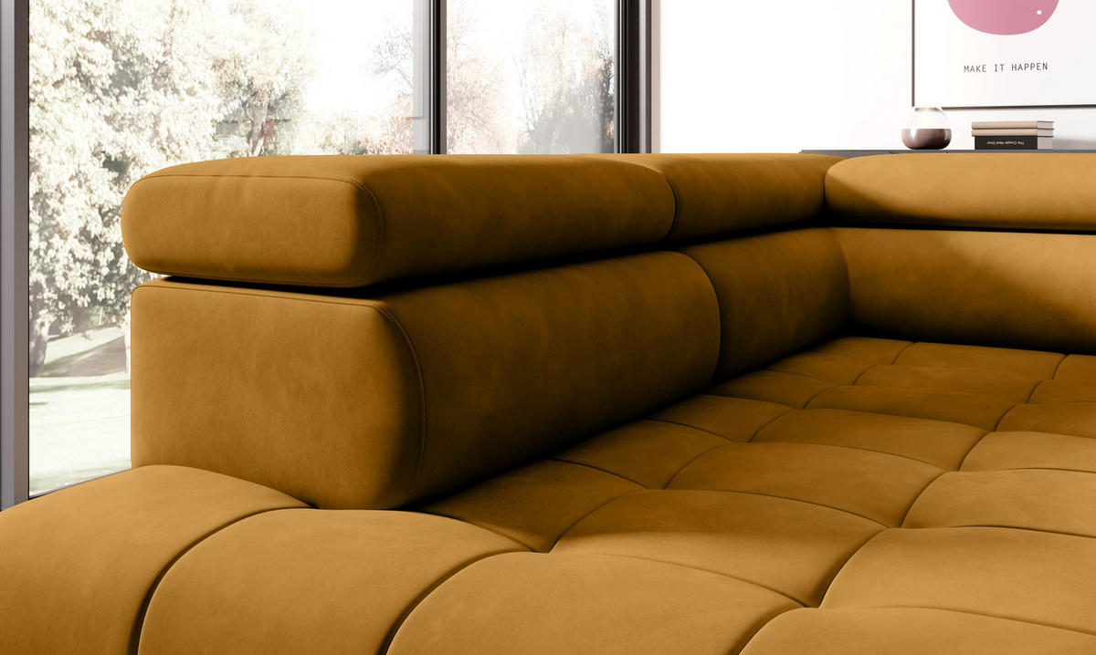 ECKSOFA CHIVAS Freistehend , Schlaffunktion, 278×197×76/98 cm, Stoff - Element, Gold, Rechts Seite - Goldfarben/Schwarz, Holz/Textil (197/278cm) - DomoHome