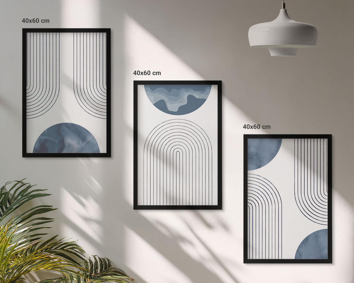 BILDER SET 3er Set - 40x60 cm Schwarzer Rahmen - Abstrakte blaue Muster - Schwarz, Kunststoff (40/60cm) - TULUP