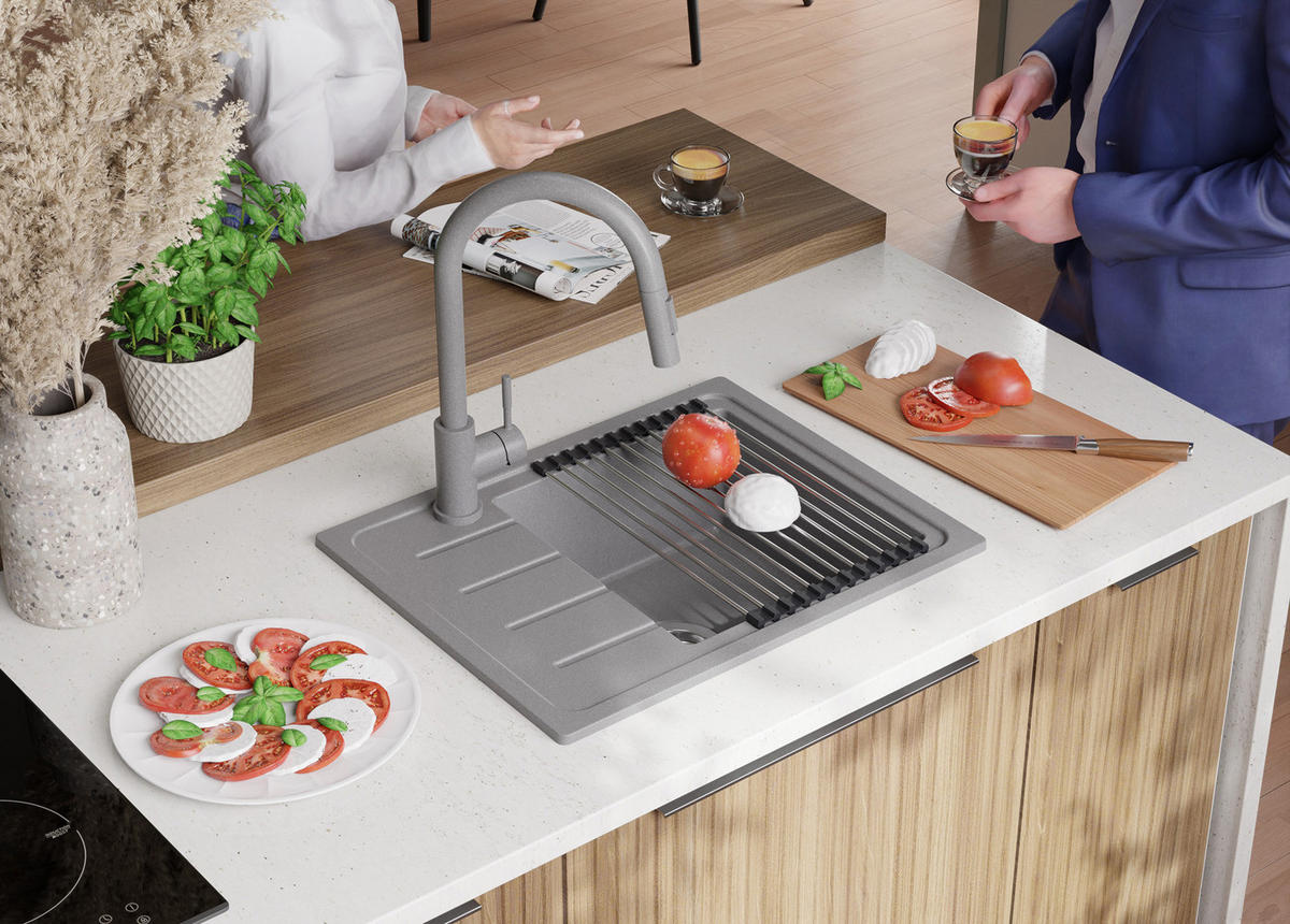 GRANITSPÜLE Kopenhagen Easy, 2-er set Grau 55/44 cm 1 Becken + Küchenarmatur 32/20 cm + Ablauf-Set ab 45er Unterschrank - Grau, Kunststoff (55/17/44cm) - Primagran