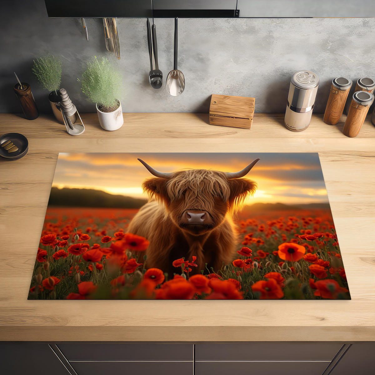 HERDABDECKPLATTE Schottische Highlander - Rosen - Blumenfeld - Sonnenuntergang Induktionsmatte 81x52 cm - Rotbraun, Kunststoff (81/52/0.2cm) - MuchoWow