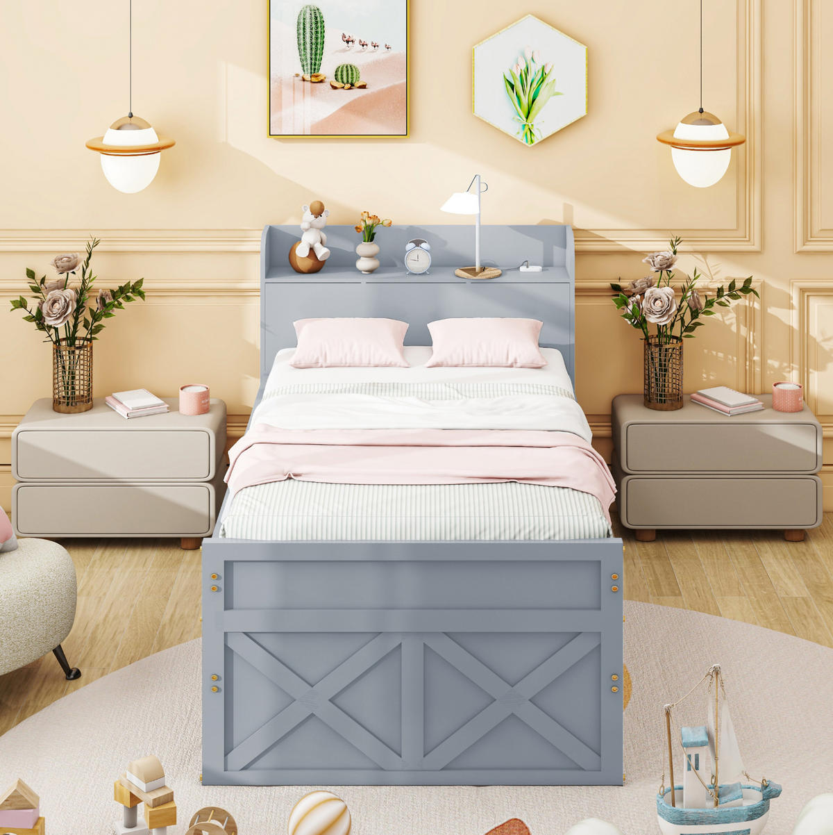 JUGENDBETT 90/190 cm mit Ausziehbett, 2 Schubladen, Nachttisch mit USB und Stauraum, Grau - Grau, Holzwerkstoff (90/200cm) - Redom