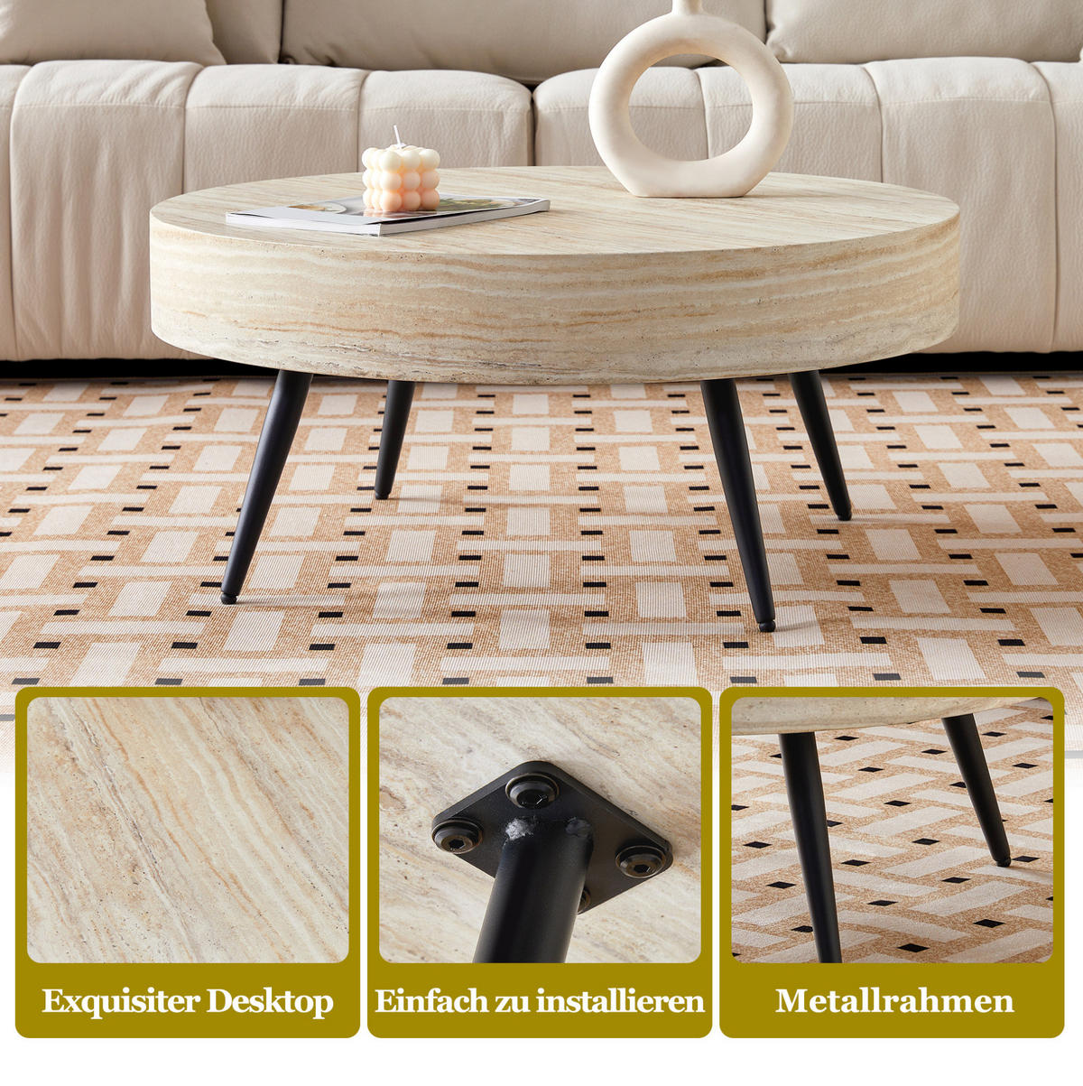 COUCHTISCH 70/70/35,5 cm aus MDF mit Travertin-Optik und Metallgestell, runde Form, Schwarz/Holzfarben - Schwarz, Holzwerkstoff (70/70/35.5cm) - Redom