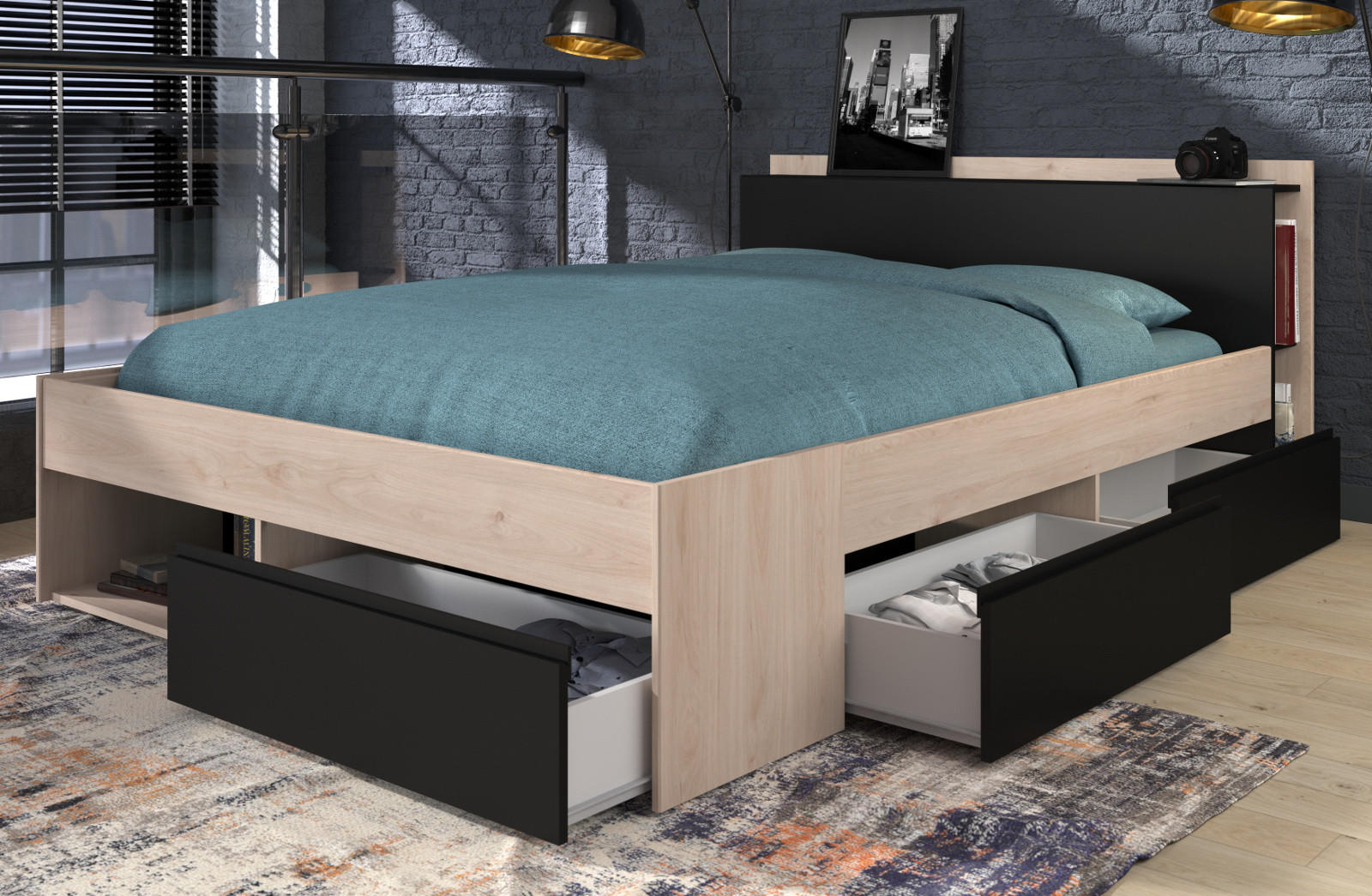 BETT mit Regal und 3 x Schubkasten Stauraumbett 140 x 200 cm - Eichefarben/Schwarz, Holz/Holzwerkstoff (140/200cm) - Parisot Meuble