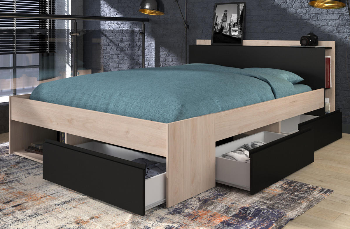 BETT mit Regal und 3 x Schubkasten Stauraumbett 140 x 200 cm - Eichefarben/Schwarz, Holz/Holzwerkstoff (140/200cm) - Parisot Meuble