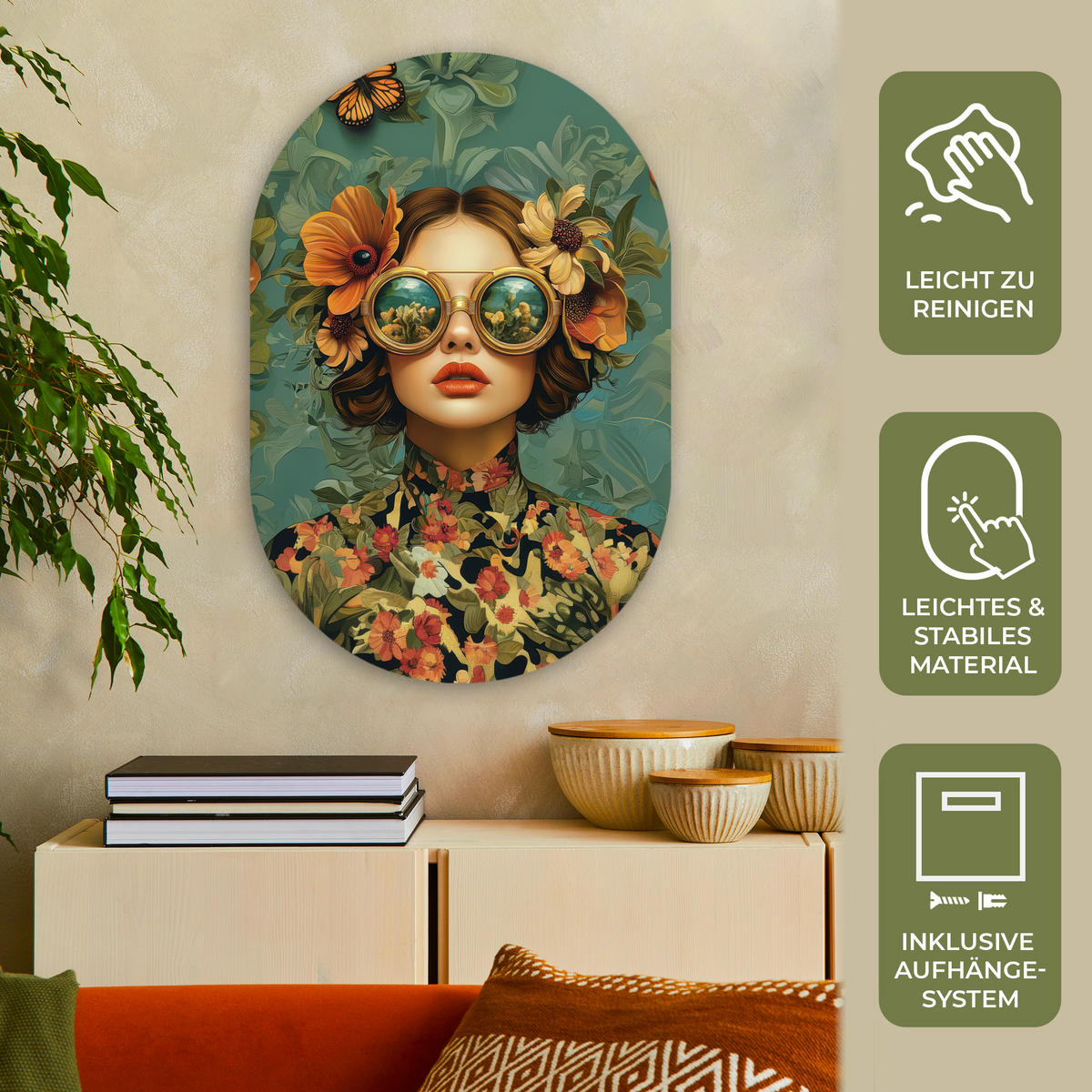 WANDBILD Frau - Blumen - Schmetterlinge - Natur - Vintage 60x90 cm - Petrol, Kunststoff (60/90cm) - MuchoWow