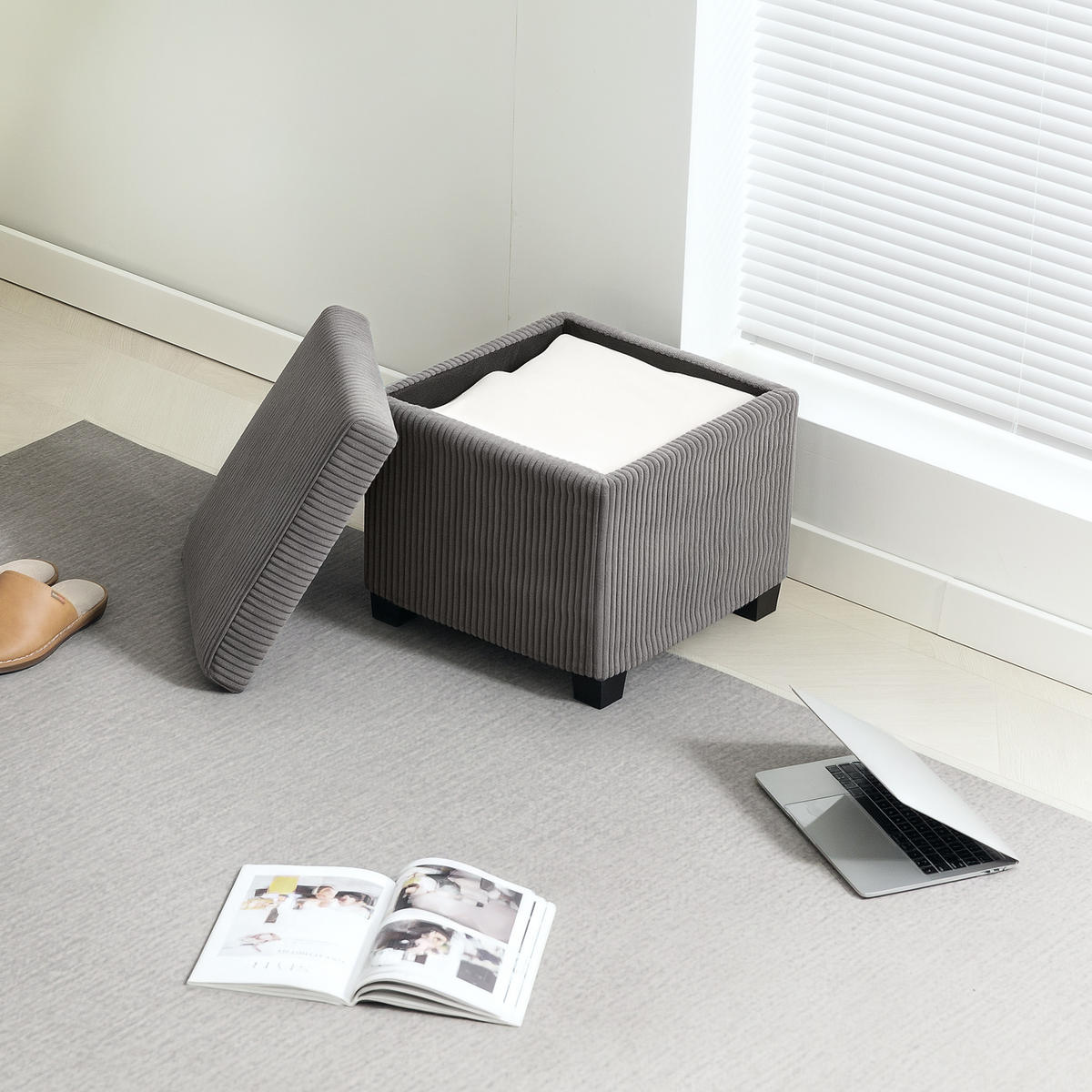 POUF DE-16411 mit Stauraum und Rippenvelours Grau - Grau, Textil (40/40/40cm) - ComfortXL