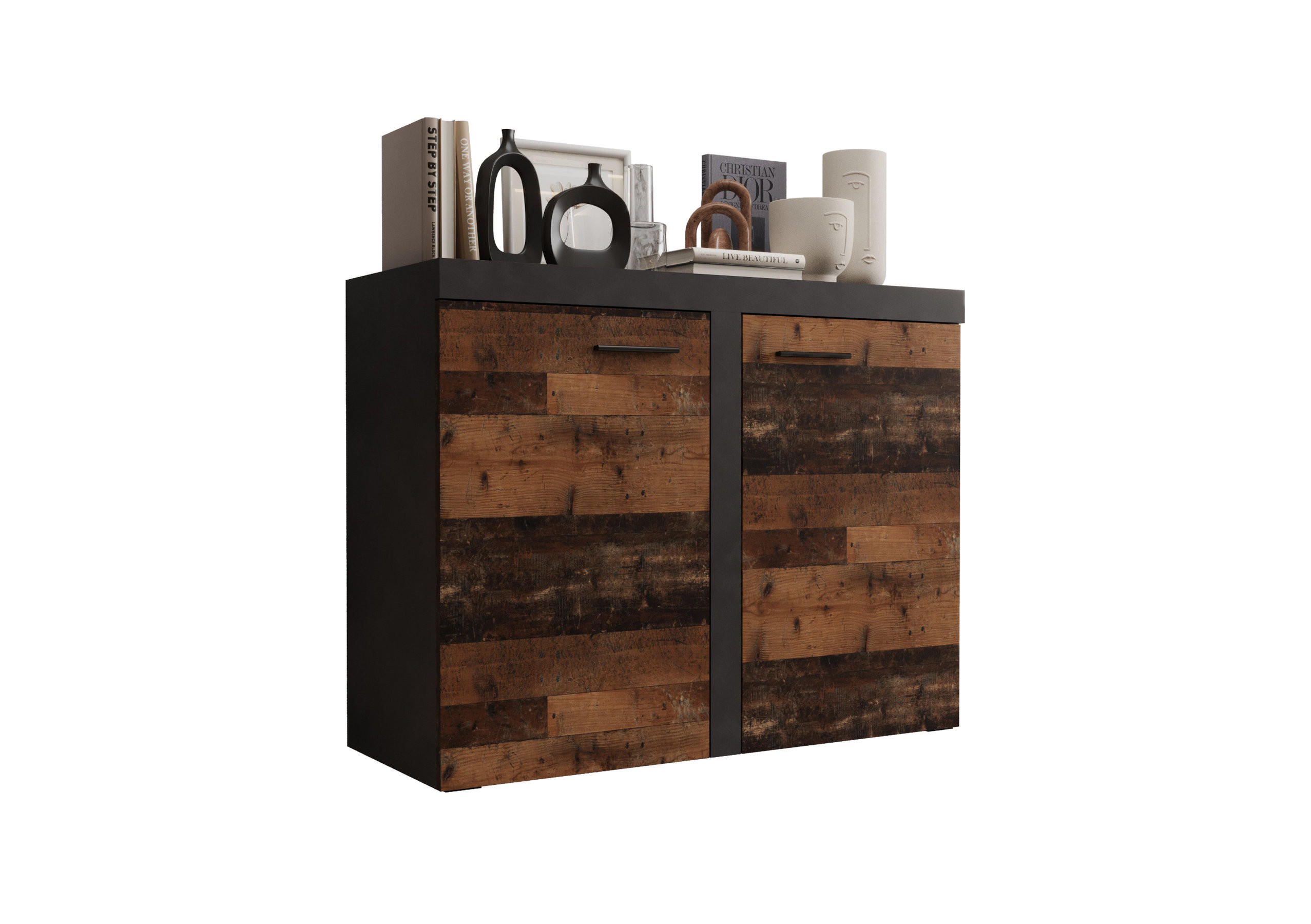 KOMMODE London LRXK 2D mit 2 Türen, Sideboard in Farbe: Dunkelbraun|Schwarz, Größe: 97 x 82 x 40 cm - Dunkelbraun/Schwarz, Holzwerkstoff (97/82/40cm) - O-Sofa