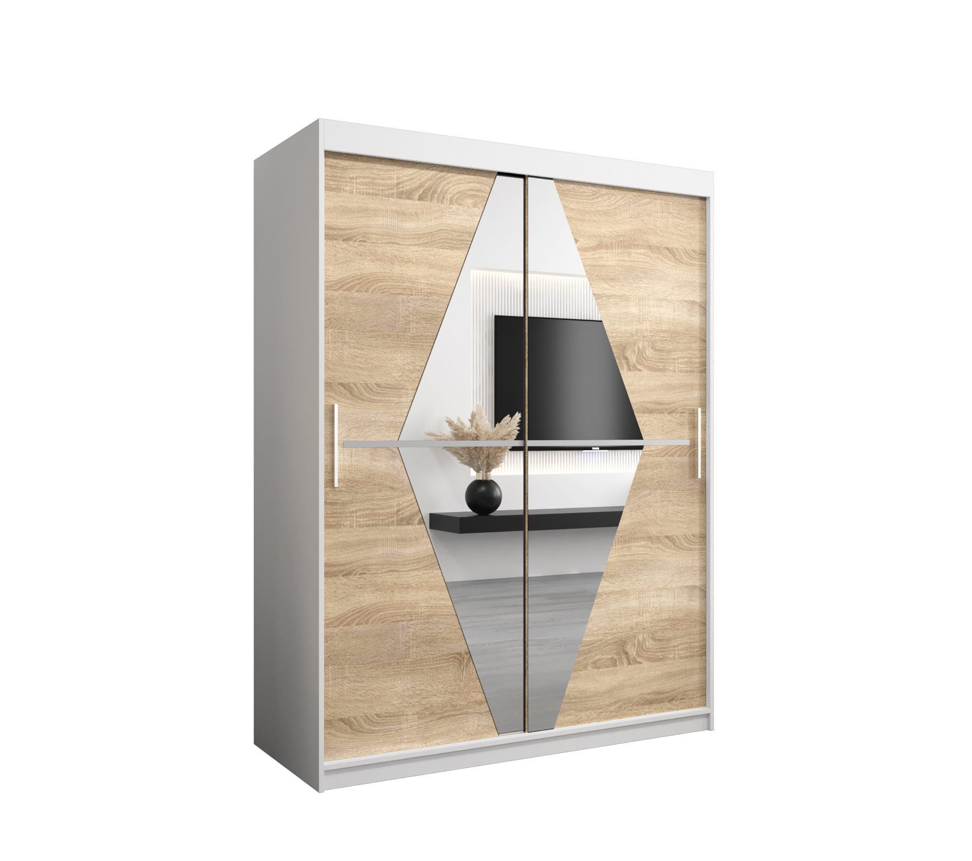 Abiks Möbel Schwebetürenschrank Weiß, Sonoma Eiche 150x200x62 cm
