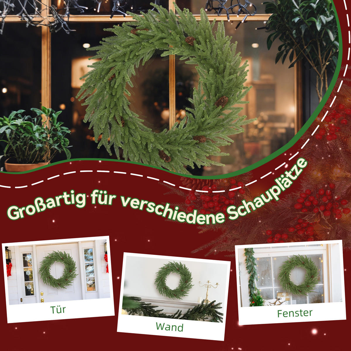 WEIHNACHTSKRANZ mit Zapfen, Türkranz Künstlicher Weihnachtskranz für Tür Grün - Grün, Kunststoff (60/15/60cm) - HOMCOM