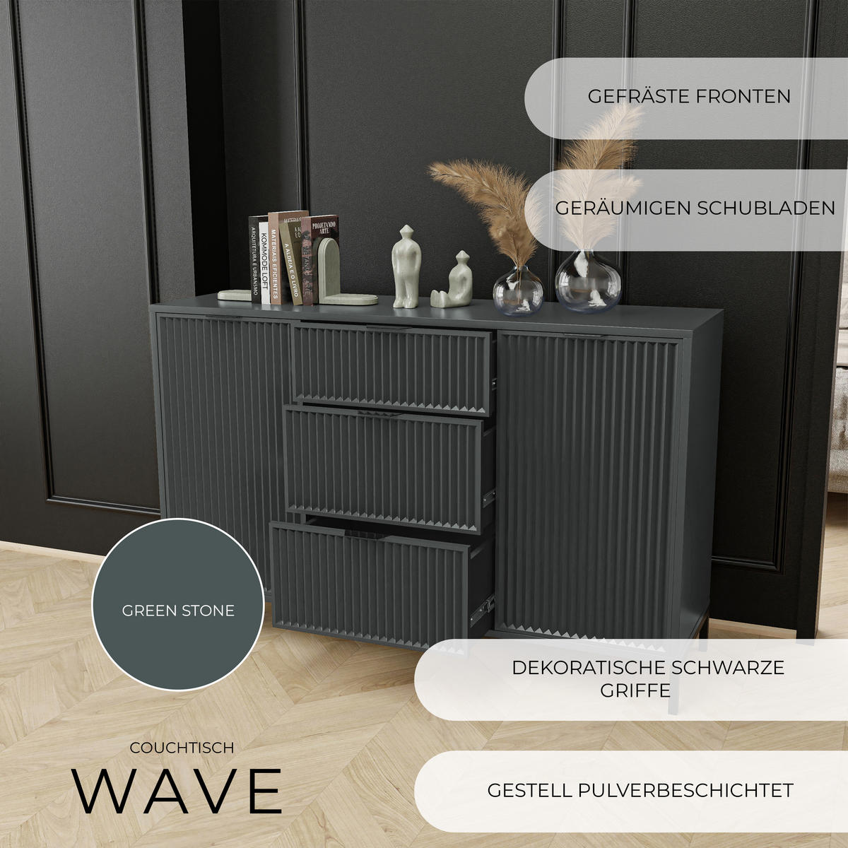 KOMMODE klein Aufbewahrungsschrank mit 3 Schubladen und 2 Türen, Grün - Grün, Holzwerkstoff (135/87/41cm) - Idohome