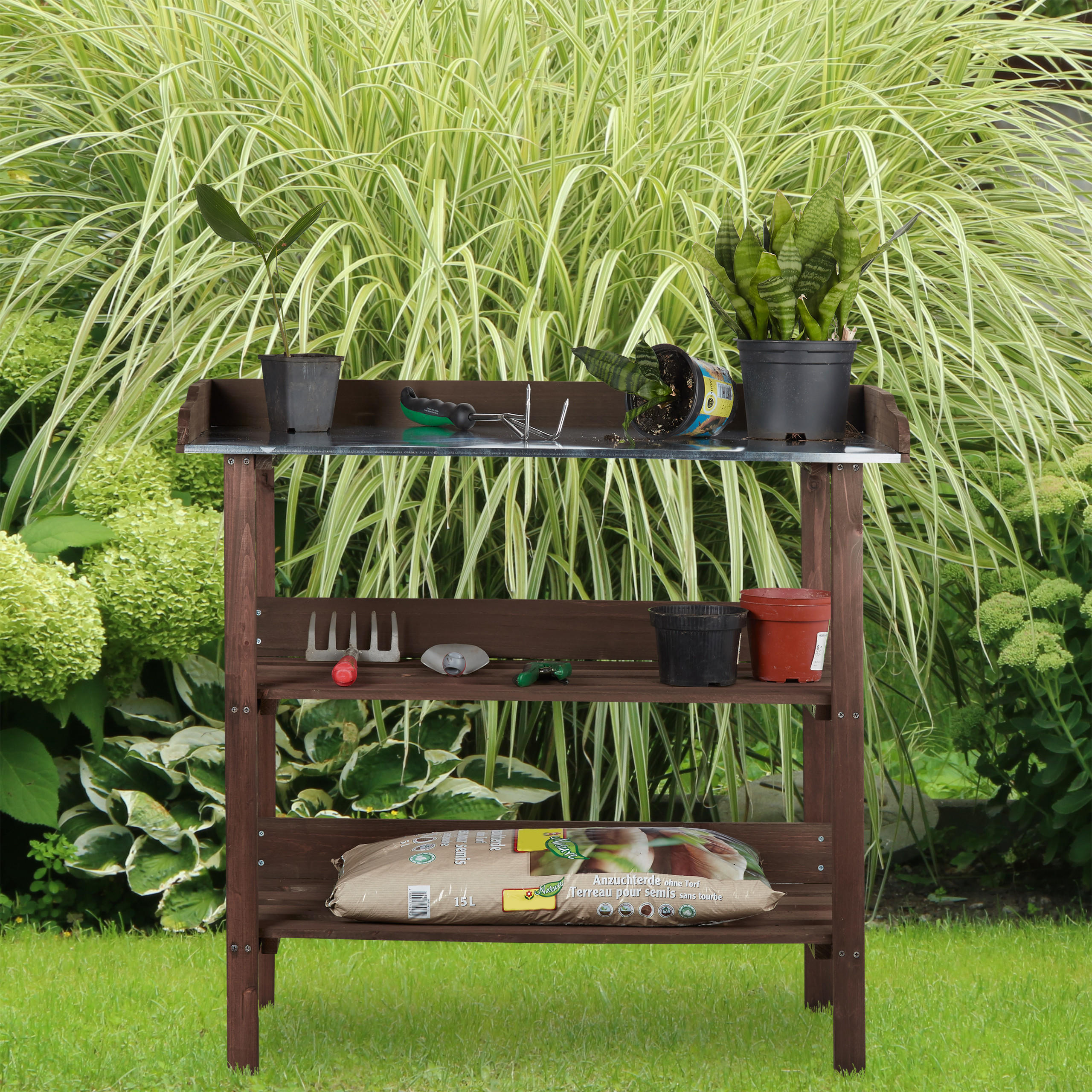 PFLANZTISCH - Dunkelbraun, Holz/Metall (42/92/86cm) - Relaxdays