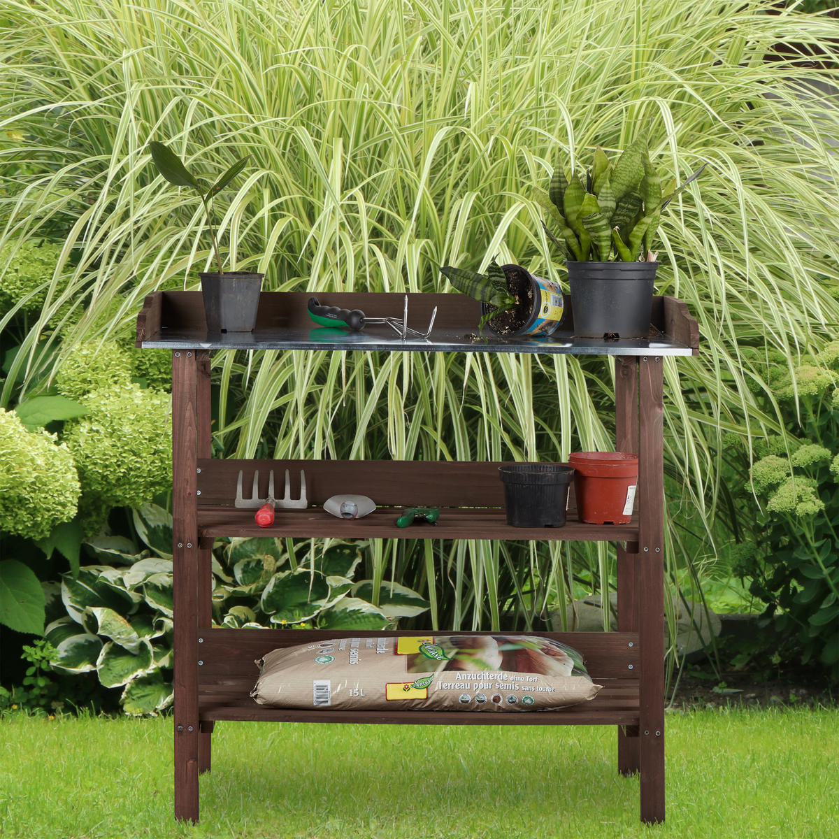 PFLANZTISCH - Dunkelbraun, Holz/Metall (42/92/86cm) - Relaxdays