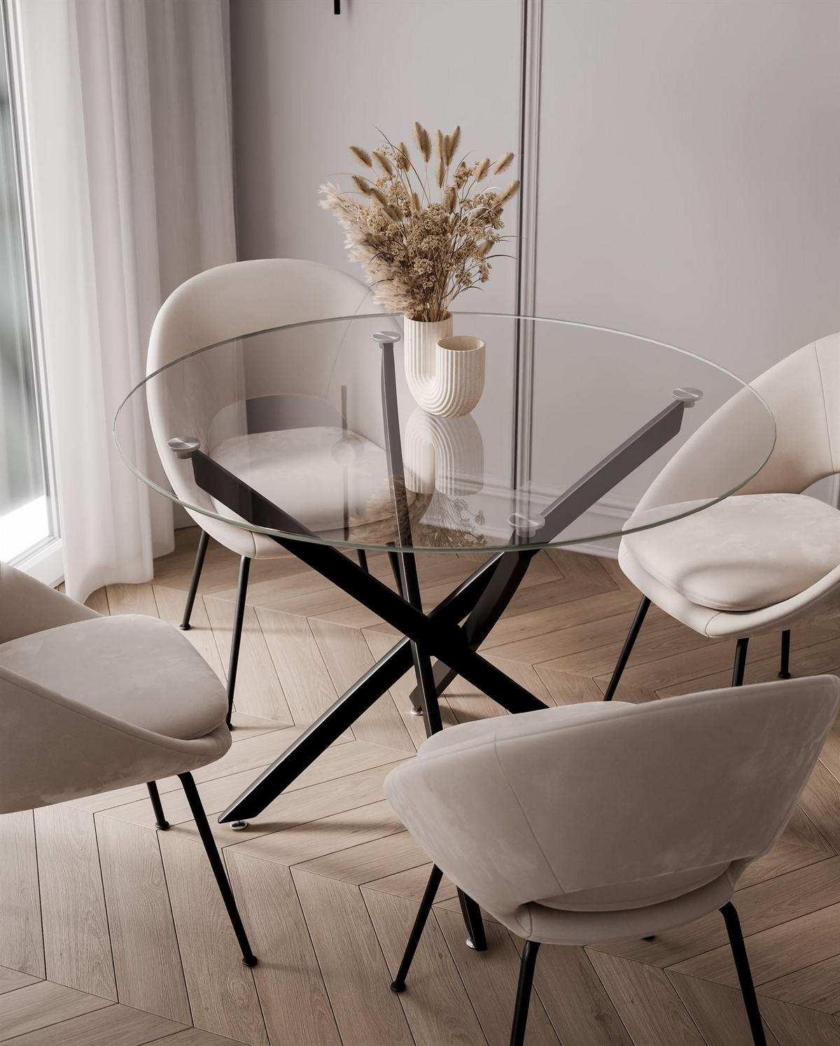  ESSTISCH BEIRA Runder Tisch 90 cm mit Glasplatte und Schwarz Tischbeine - Schwarz, Metall (90/90/72cm) - Lookway