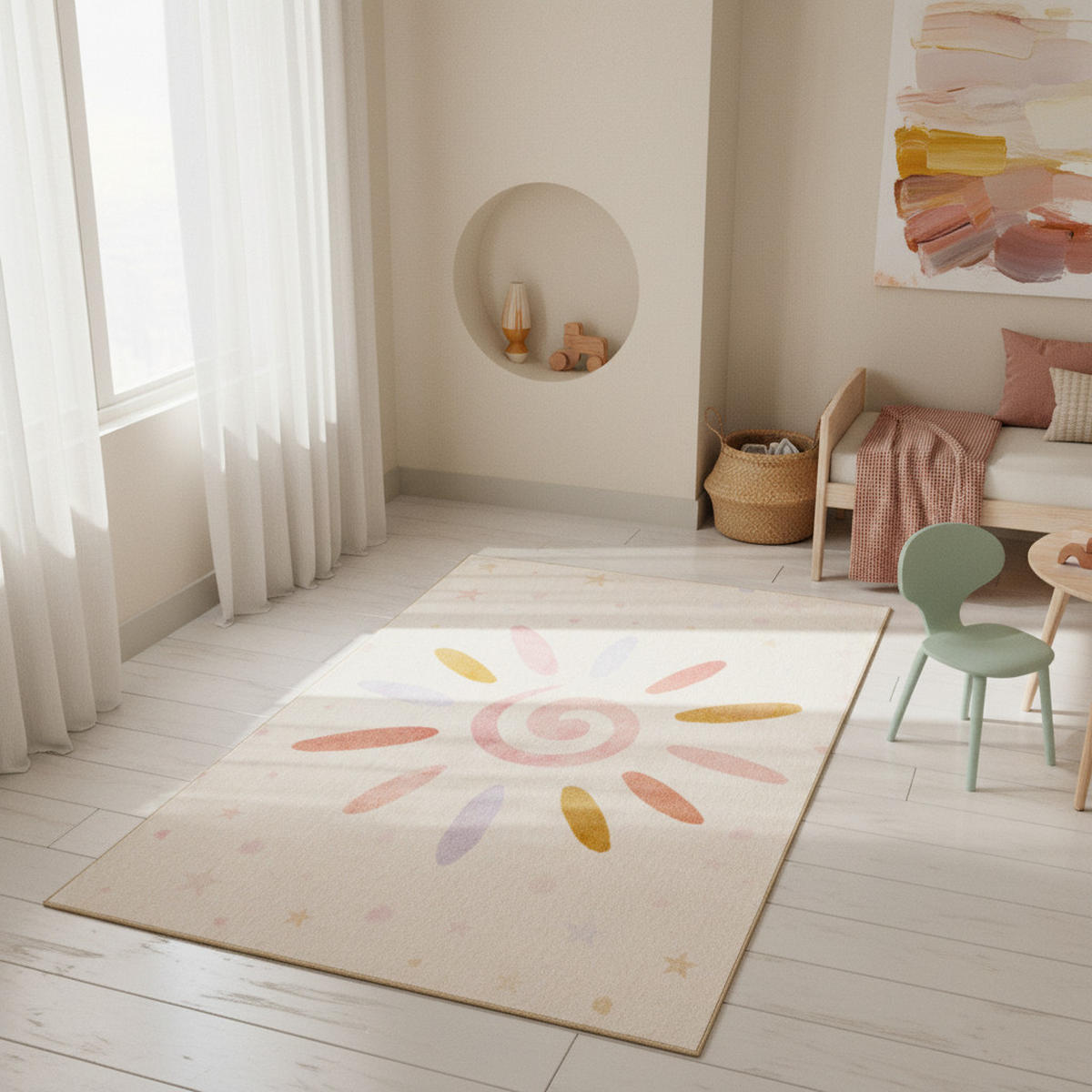 TEPPICH Kinder Flachgewebe Sonnenblume-Motiv Polyamid rutschfest Kinderzimmer Creme Rechteckig 140x200 - Beige, Textil (140/200cm) - KADIMA DESIGN