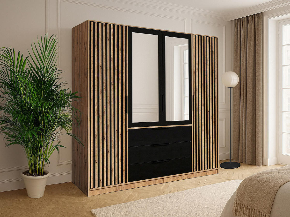 KLEIDERSCHRANK - 196 cm x 58 cm - Holz, Platte - Schwarz, Naturfarben Hell LIRMADA - Schwarz/Naturfarben, Holz (196/200/58cm) - Vente-Unique