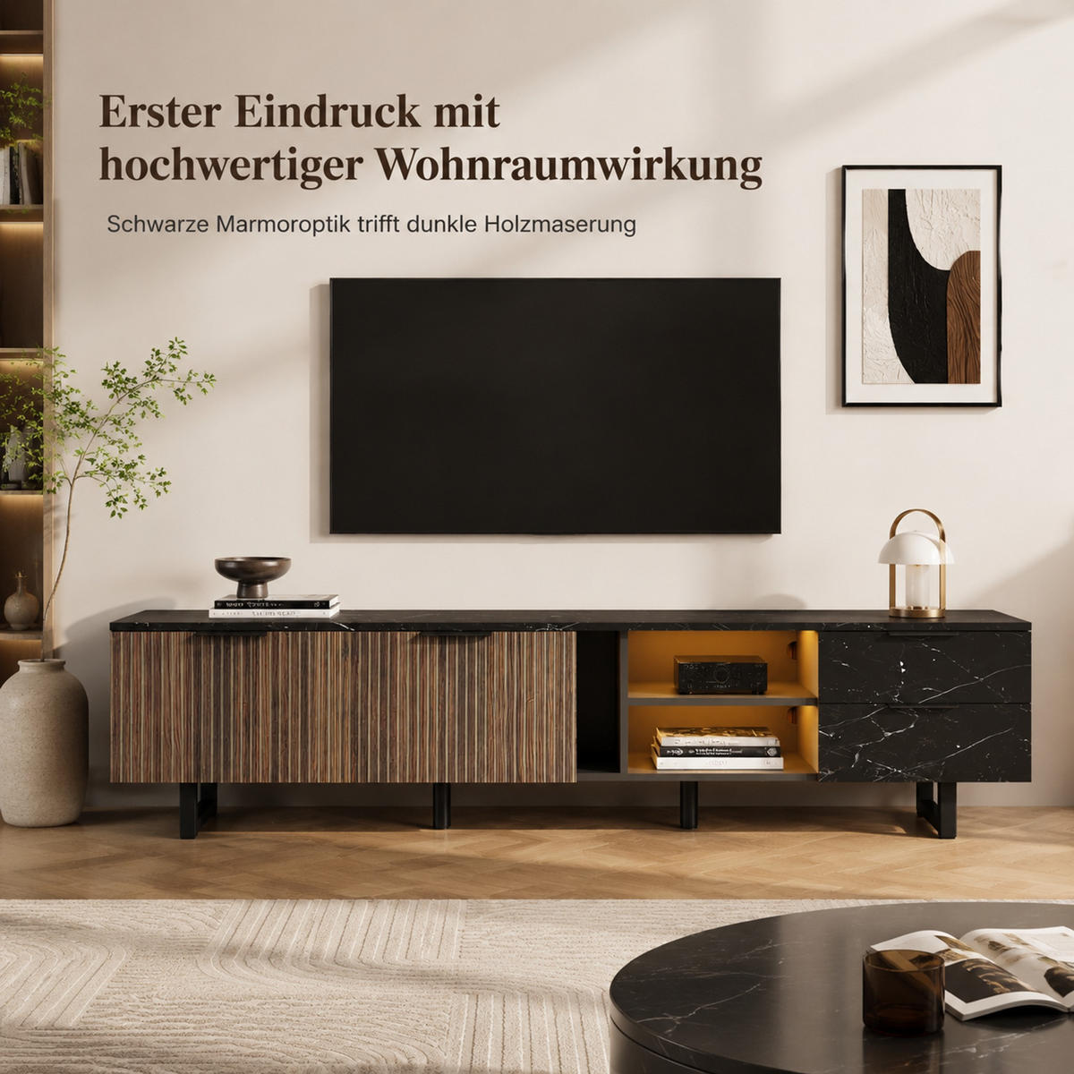 LOWBOARD 200/38/50 cm aus MDF mit LED-Beleuchtung und 15 cm Bodenfreiheit Schwarz (Marmoroptik) - Schwarz, Holzwerkstoff (200/50/38cm) - Modenvie